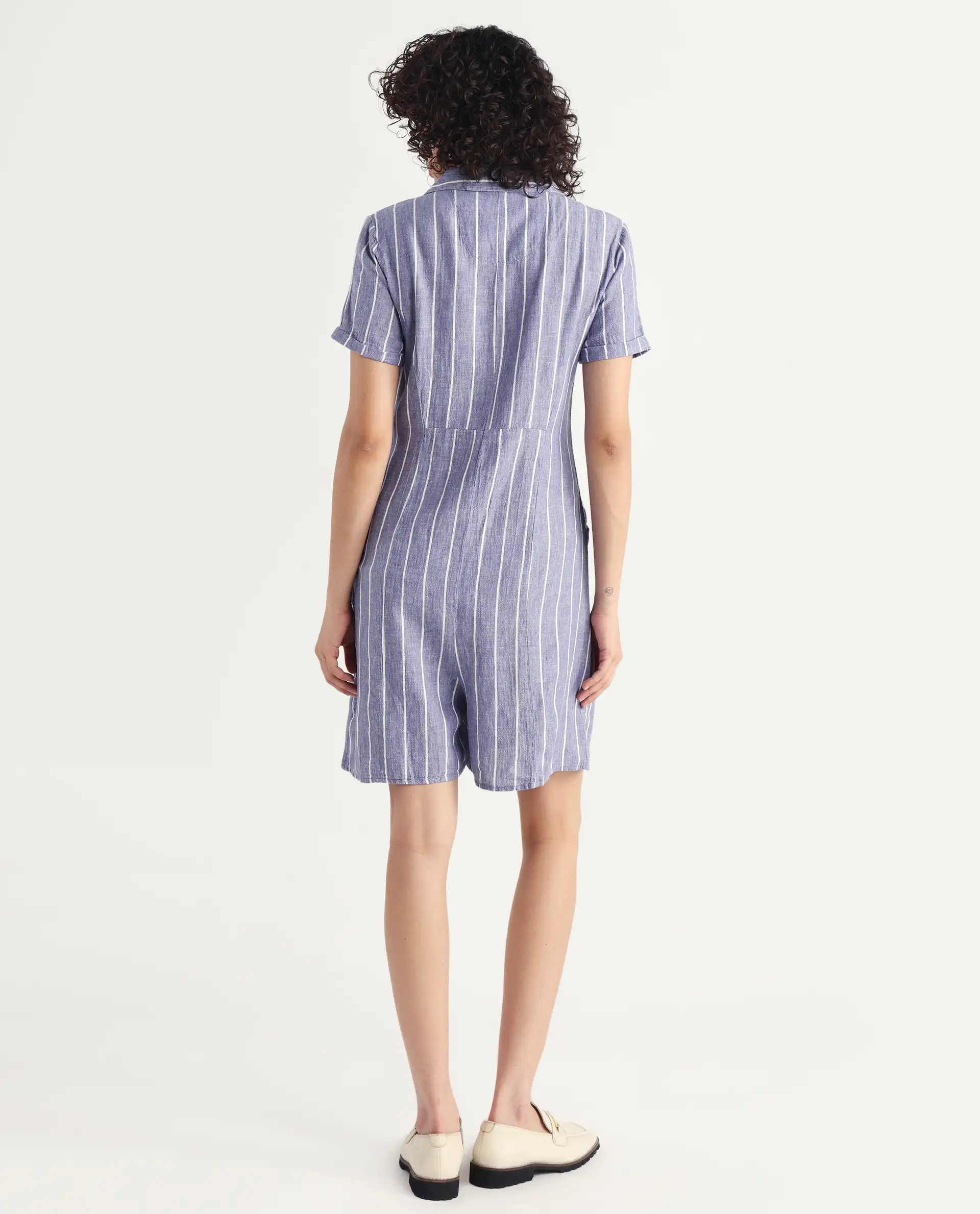Rareism Women's Lucio Blue Linen Spread Collar Striped Tailored Playsuit - Image 7