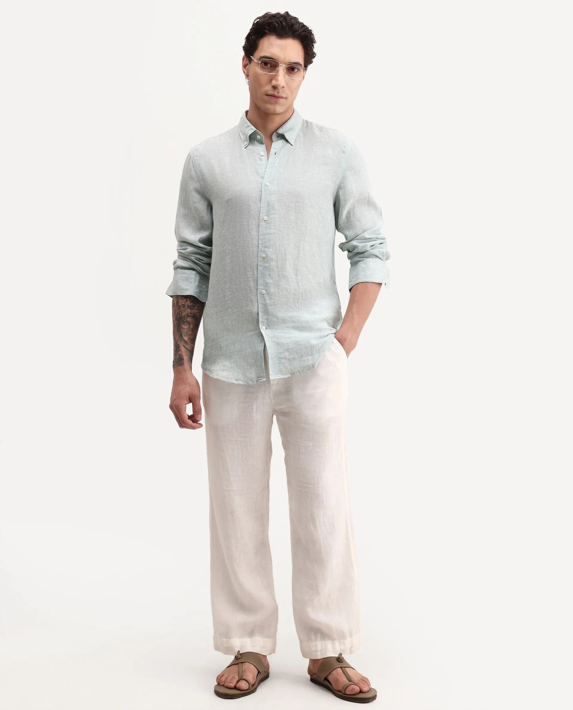 Rare Rabbit Men's Lucis Aqua 100% Linen Plain Regular Fit Full Sleeve Collared Shirt - Image 2