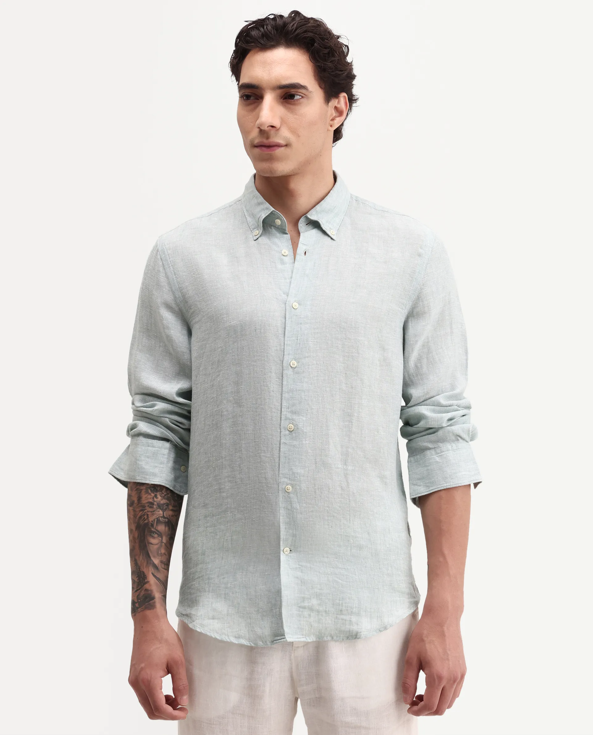 Rare Rabbit Men's Lucis Aqua 100% Linen Plain Regular Fit Full Sleeve Collared Shirt - Image 3