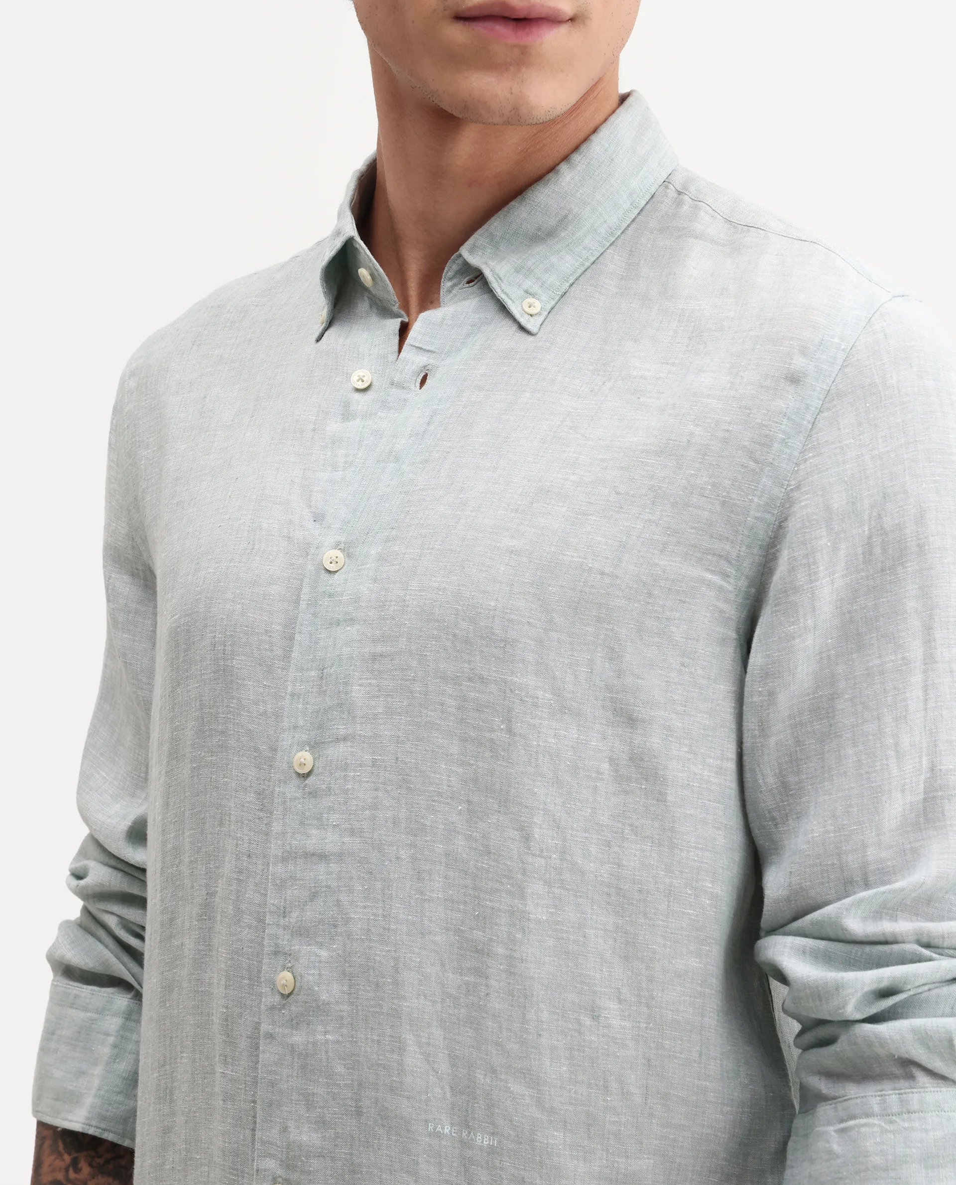 Rare Rabbit Men's Lucis Aqua 100% Linen Plain Regular Fit Full Sleeve Collared Shirt - Image 4