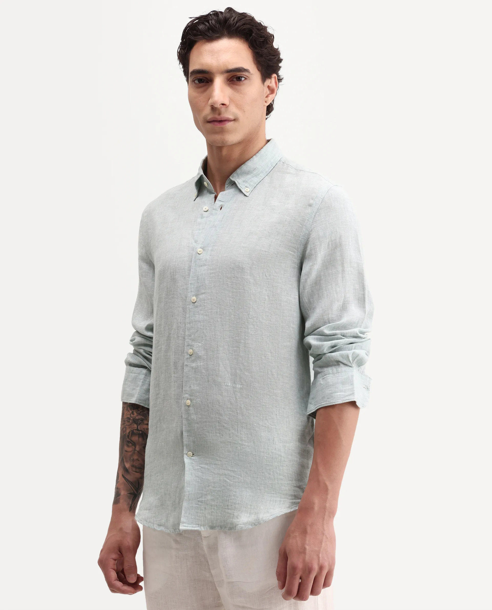 Rare Rabbit Men's Lucis Aqua 100% Linen Plain Regular Fit Full Sleeve Collared Shirt - Image 5