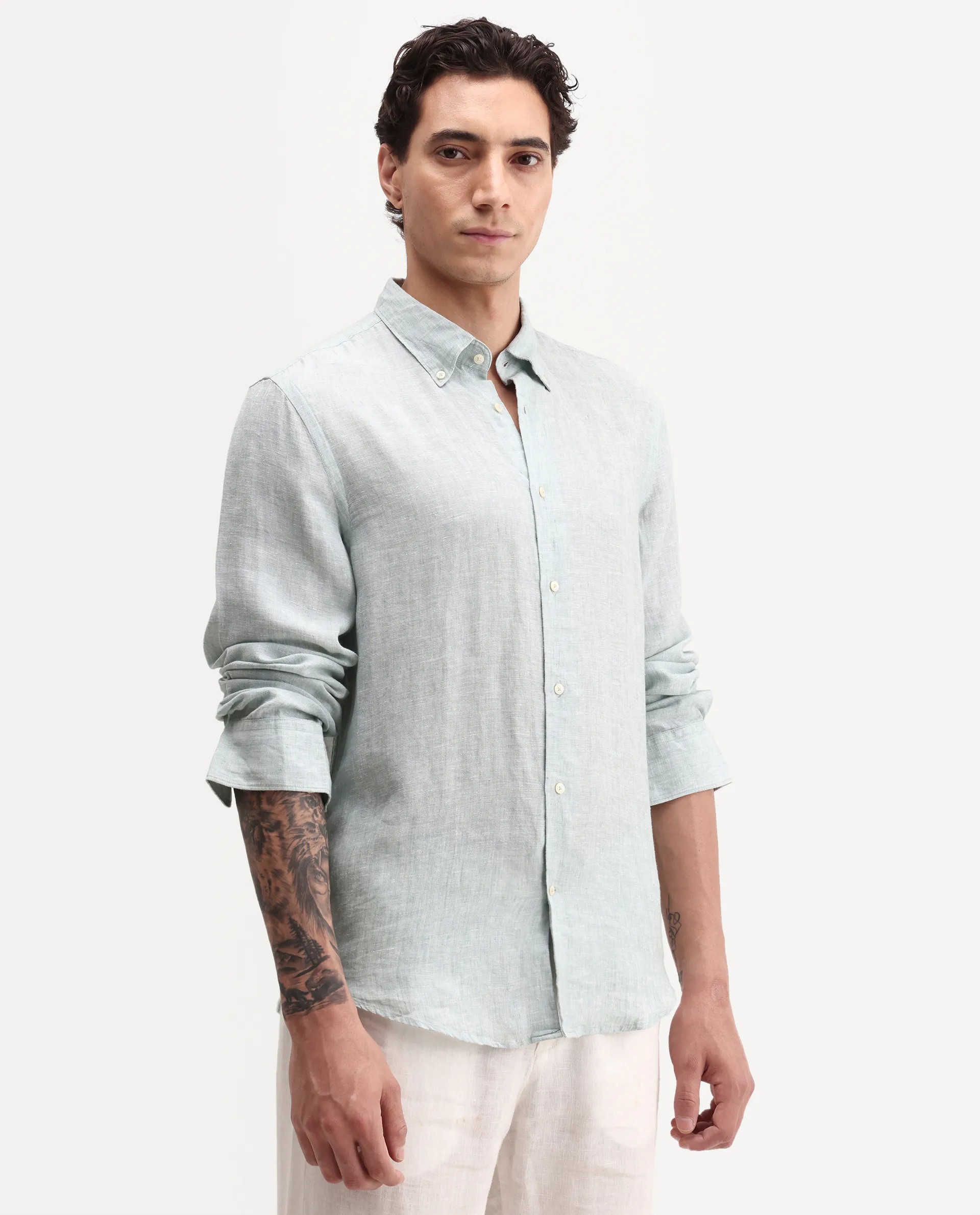 Rare Rabbit Men's Lucis Aqua 100% Linen Plain Regular Fit Full Sleeve Collared Shirt - Image 6