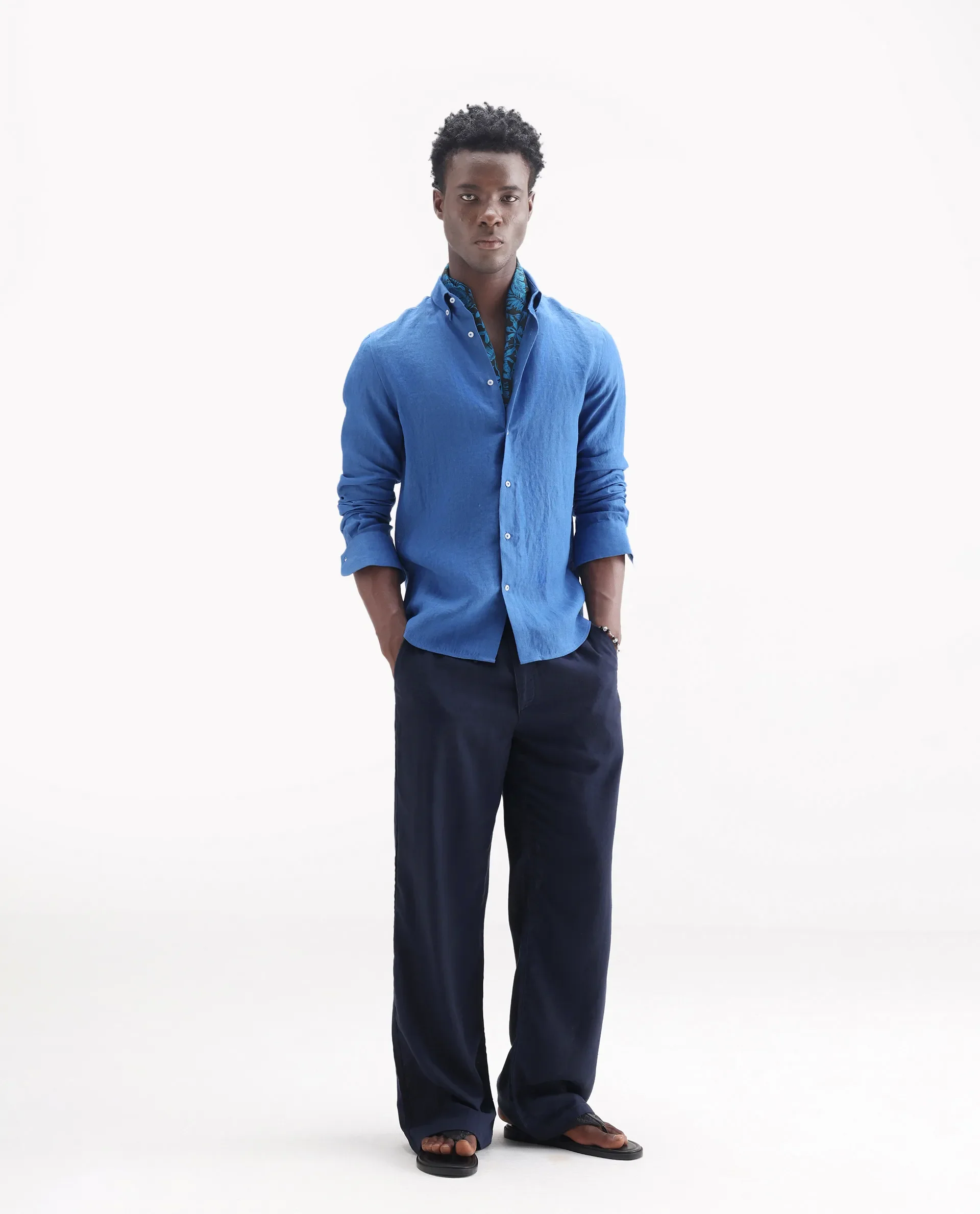 Rare Rabbit Men's Lucis Blue 100% Linen Plain Regular Fit Full Sleeve Collared Shirt - Image 2