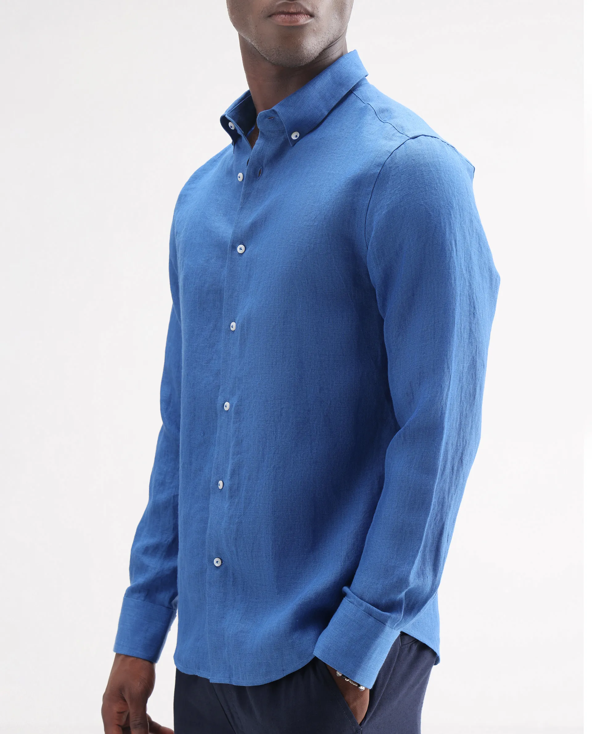 Rare Rabbit Men's Lucis Blue 100% Linen Plain Regular Fit Full Sleeve Collared Shirt - Image 3