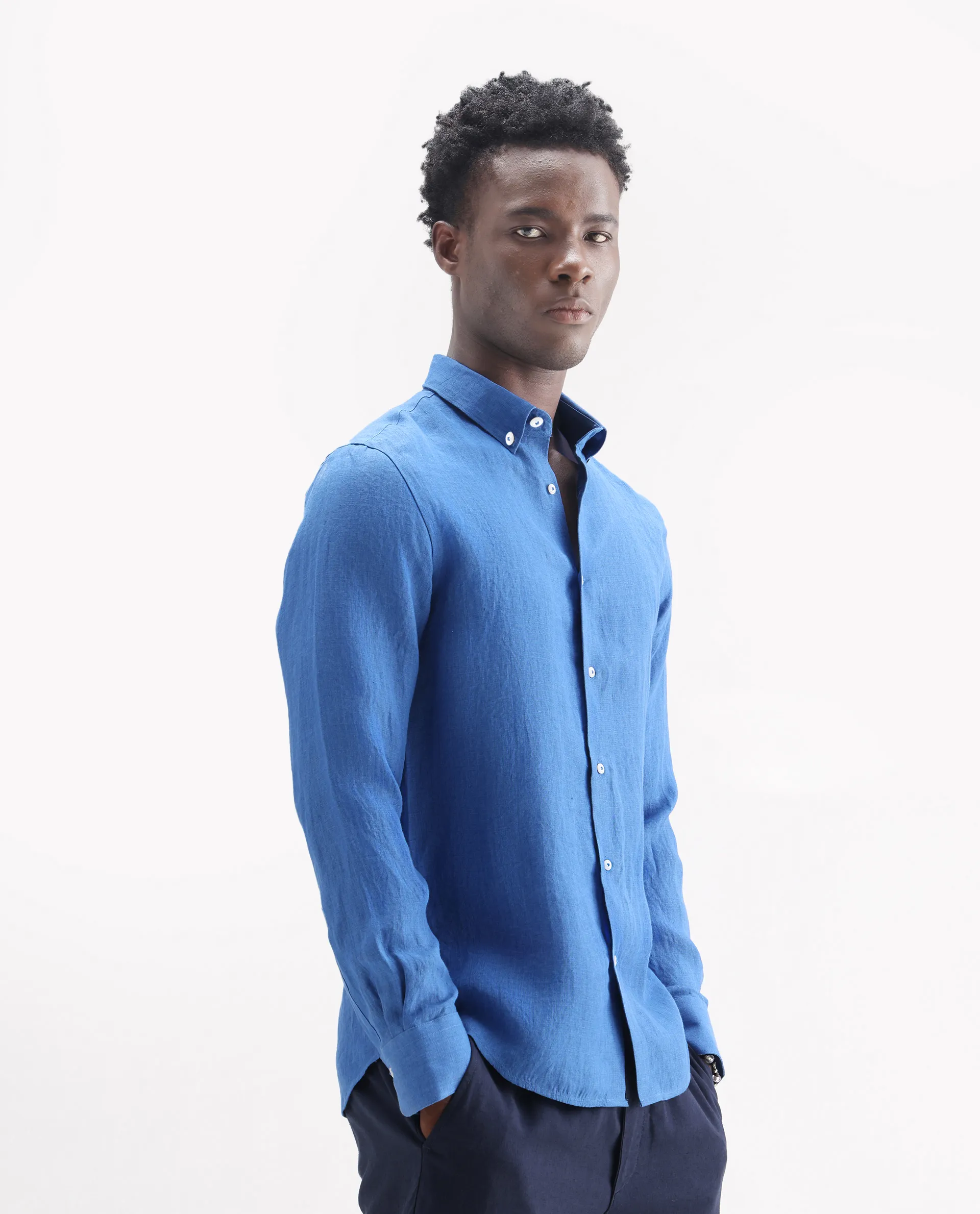Rare Rabbit Men's Lucis Blue 100% Linen Plain Regular Fit Full Sleeve Collared Shirt - Image 4