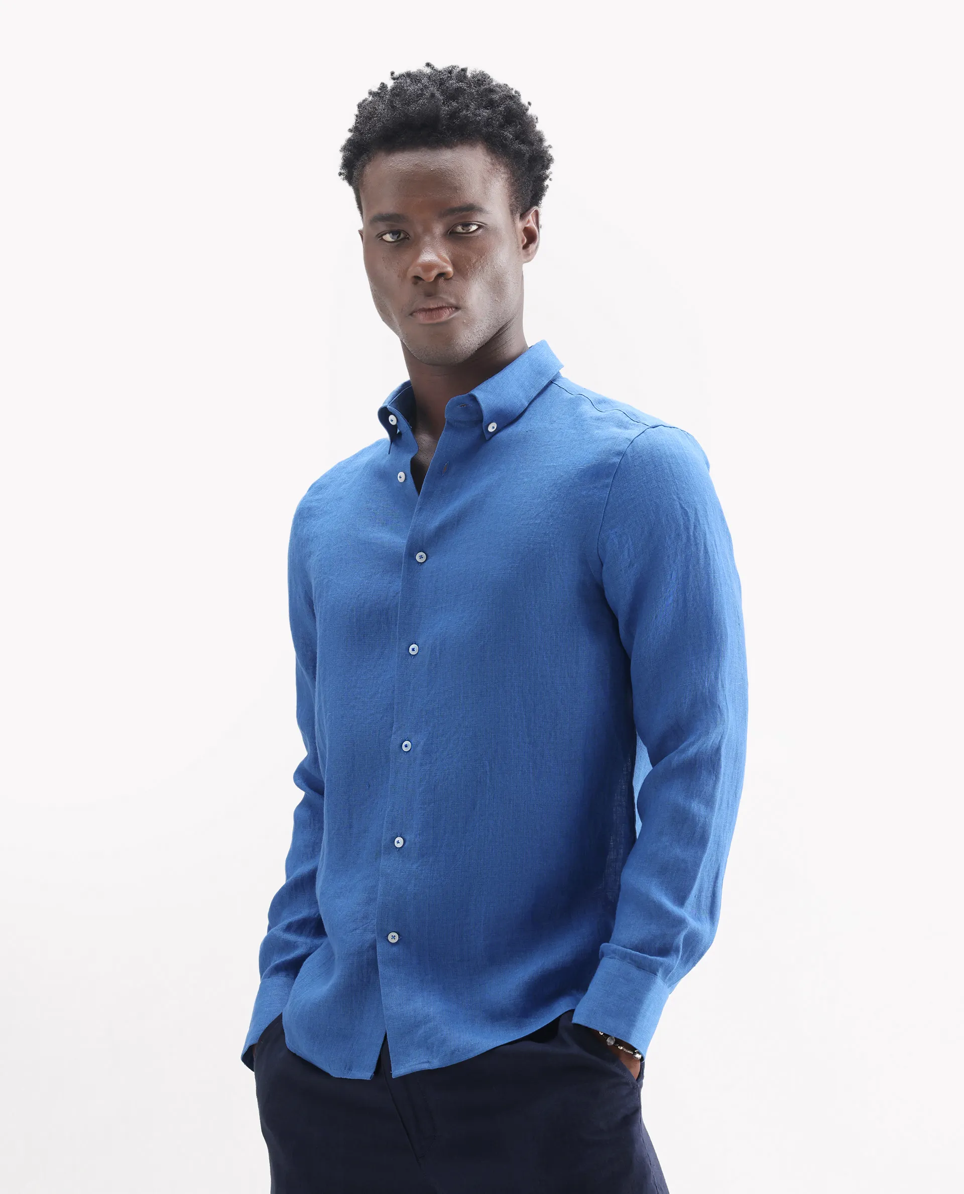 Rare Rabbit Men's Lucis Blue 100% Linen Plain Regular Fit Full Sleeve Collared Shirt - Image 5