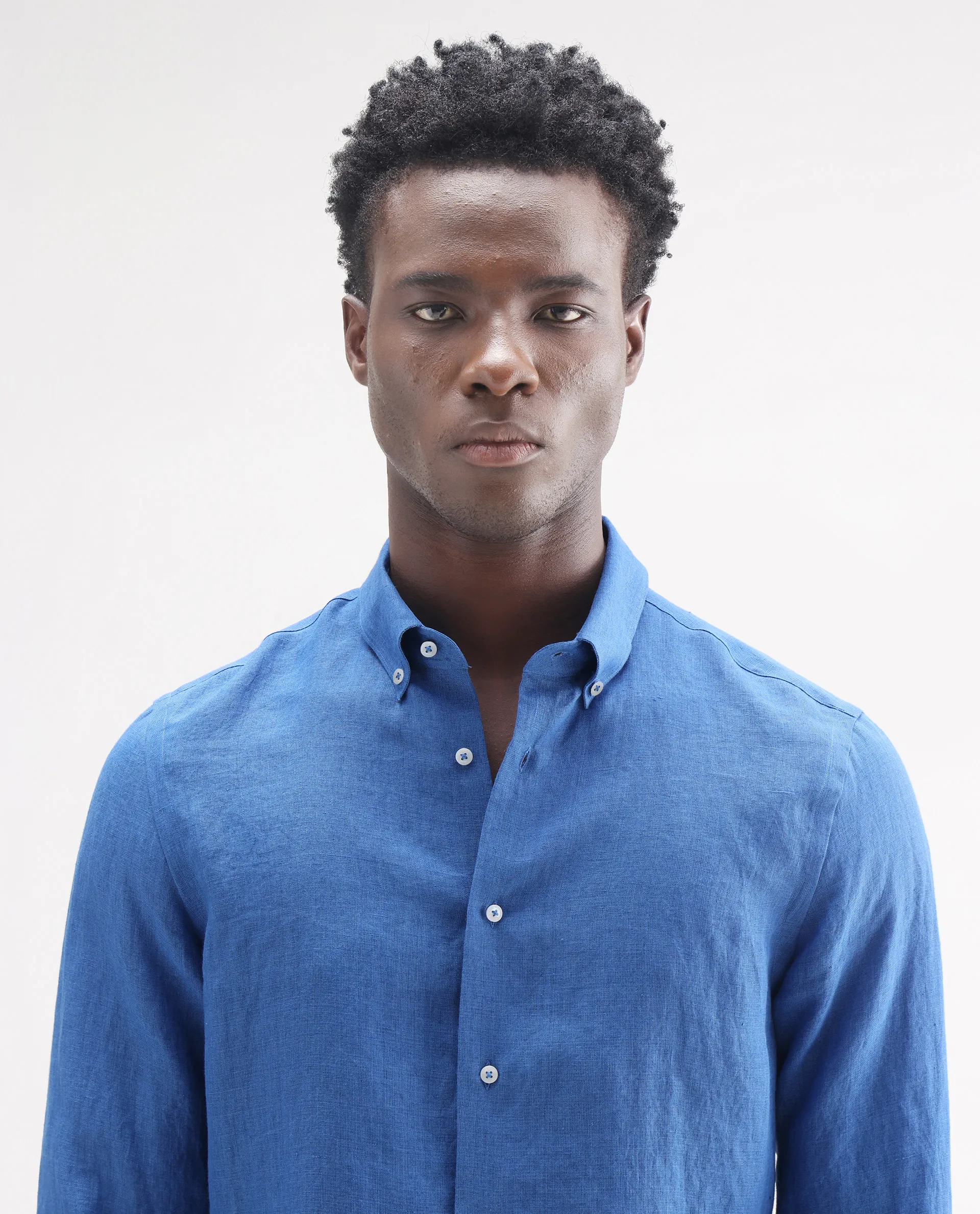 Rare Rabbit Men's Lucis Blue 100% Linen Plain Regular Fit Full Sleeve Collared Shirt - Image 6