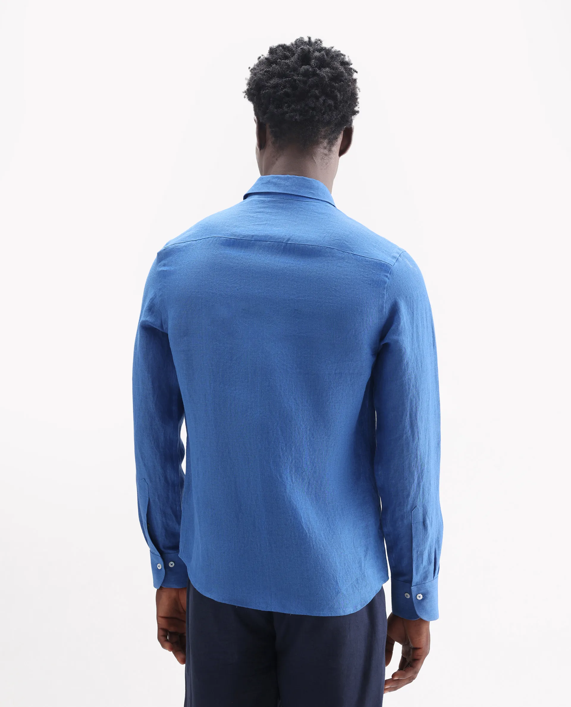 Rare Rabbit Men's Lucis Blue 100% Linen Plain Regular Fit Full Sleeve Collared Shirt - Image 8