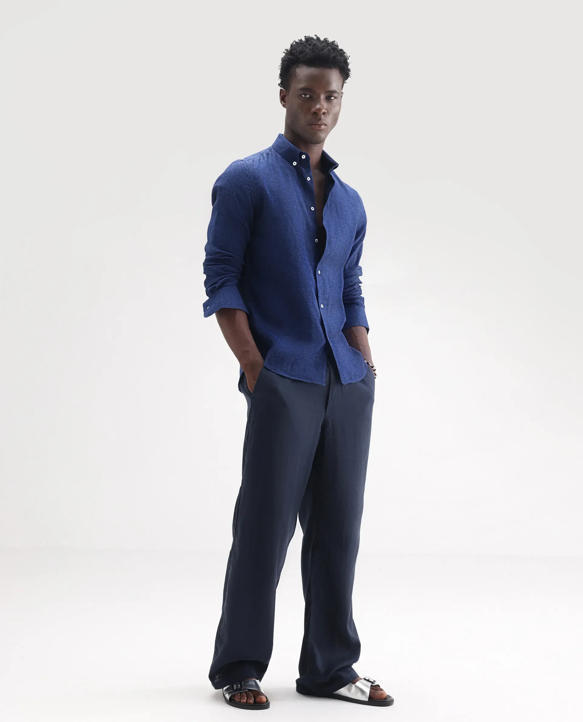 Rare Rabbit Men's Lucis Dark Blue 100% Linen Plain Regular Fit Full Sleeve Collared Shirt - Image 2