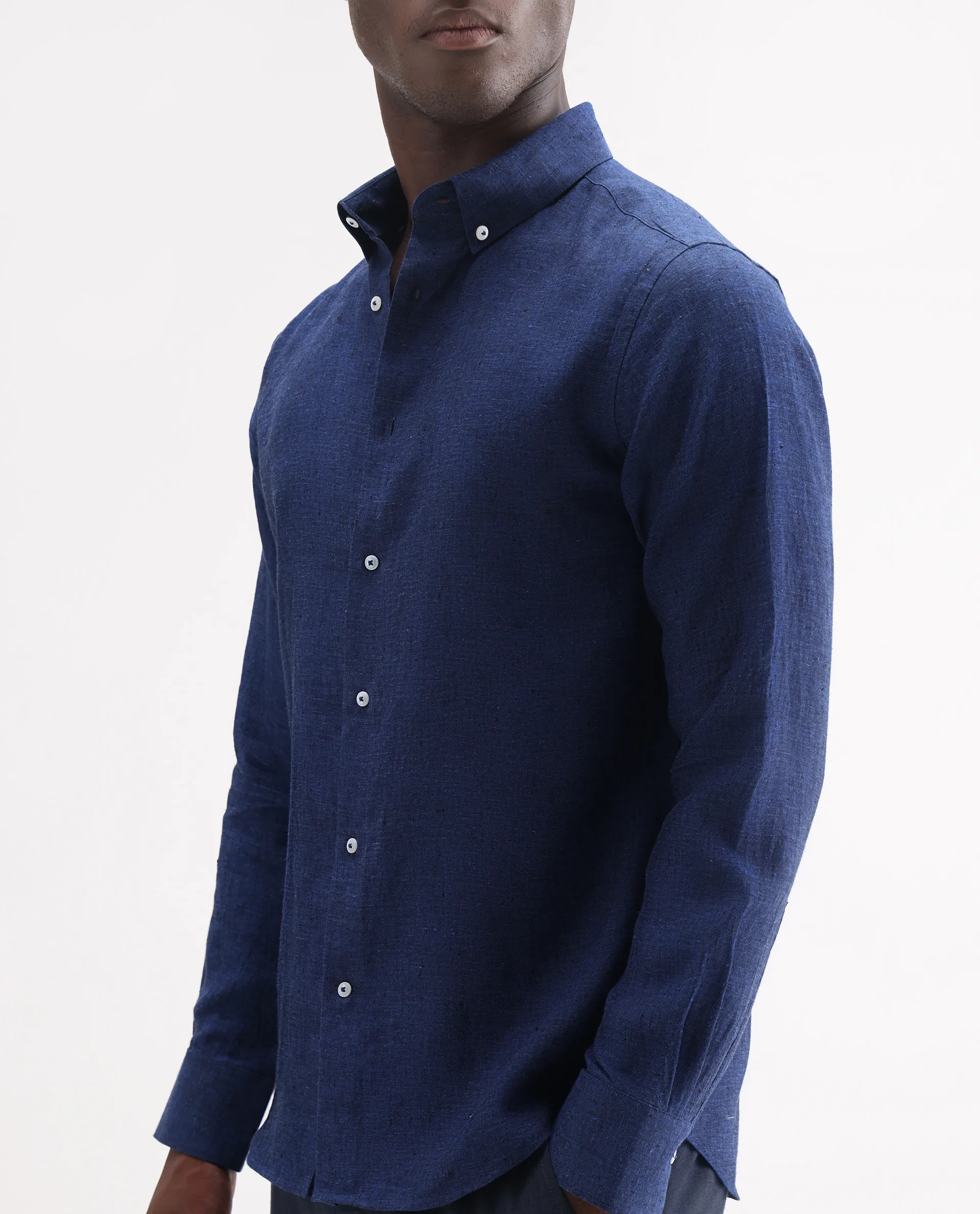 Rare Rabbit Men's Lucis Dark Blue 100% Linen Plain Regular Fit Full Sleeve Collared Shirt - Image 3