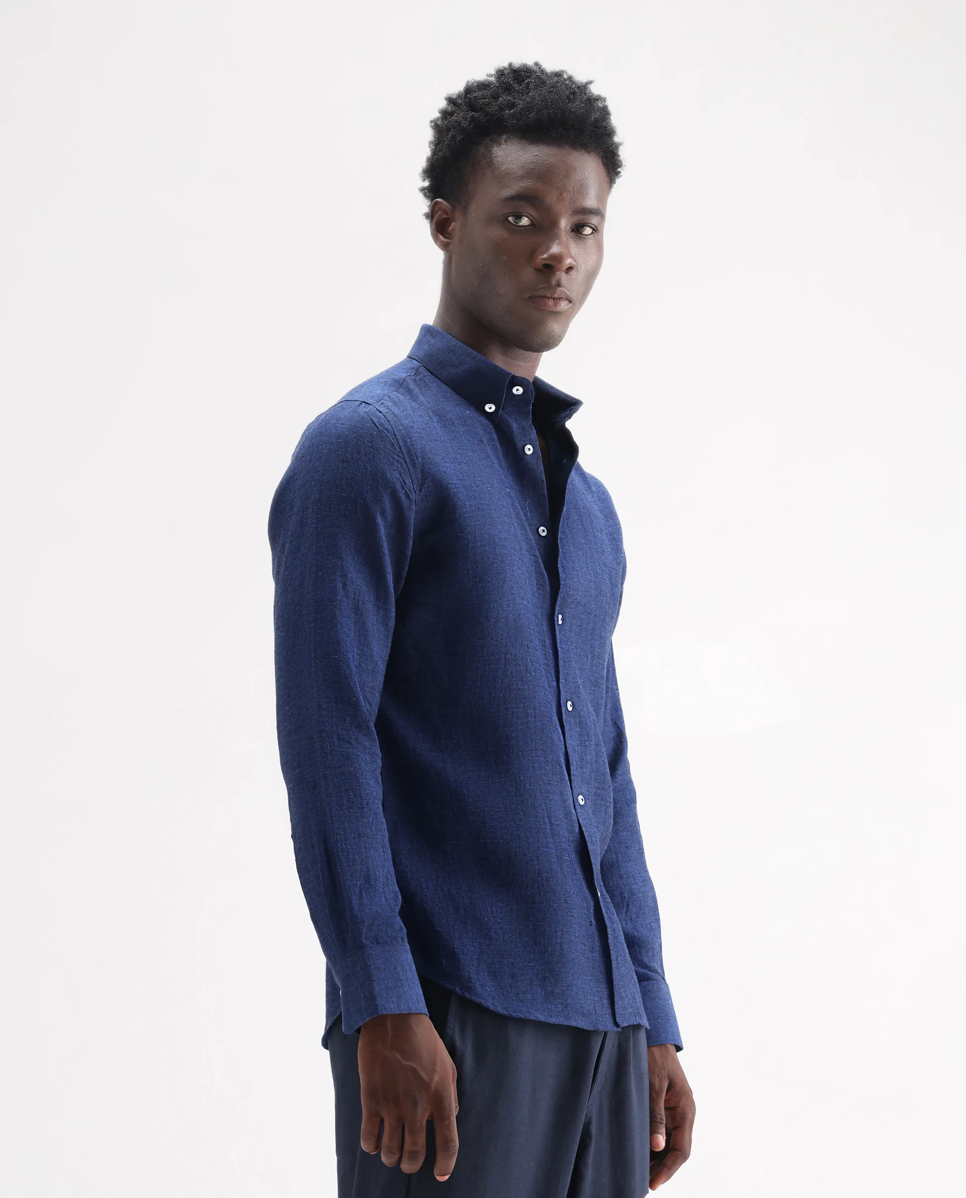 Rare Rabbit Men's Lucis Dark Blue 100% Linen Plain Regular Fit Full Sleeve Collared Shirt - Image 4