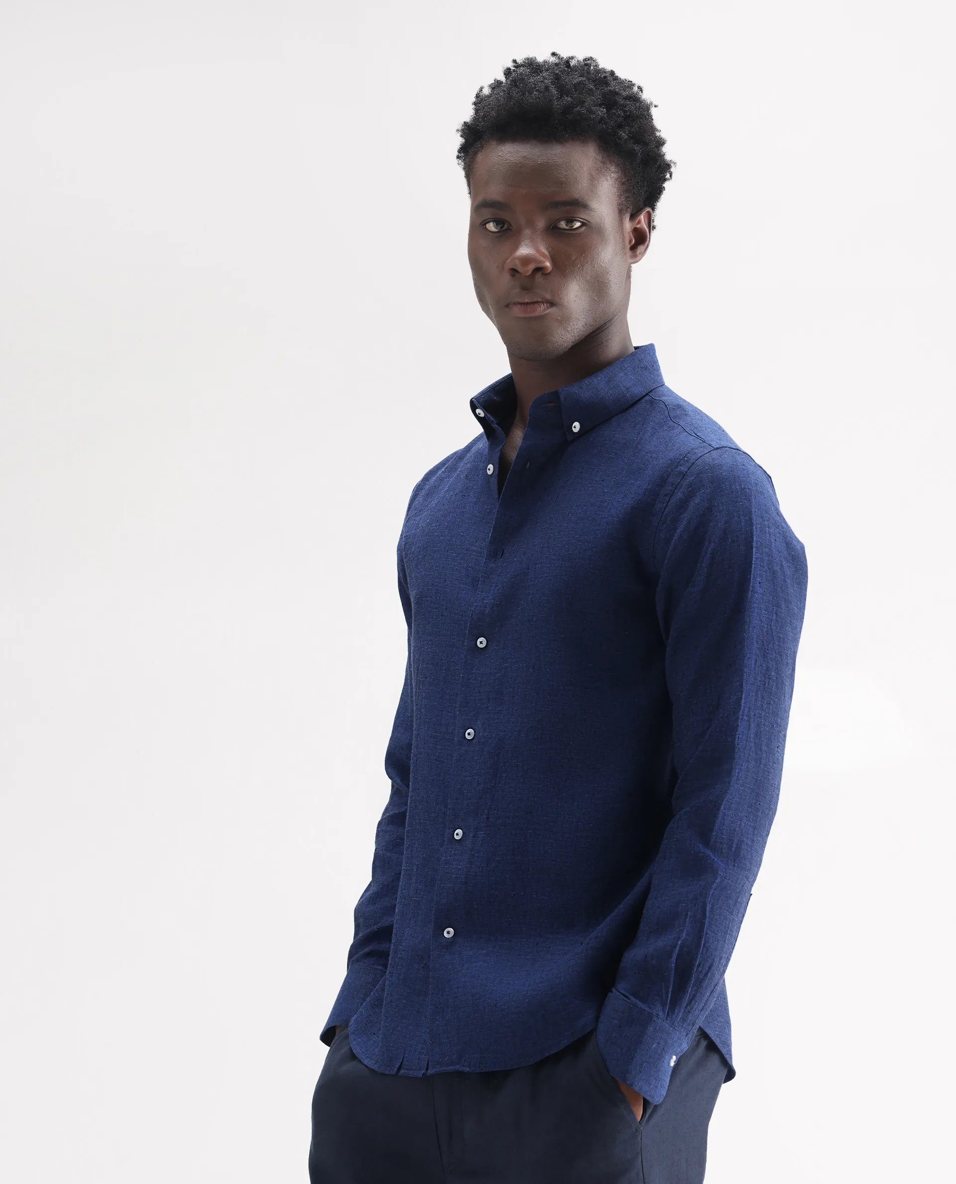 Rare Rabbit Men's Lucis Dark Blue 100% Linen Plain Regular Fit Full Sleeve Collared Shirt - Image 5