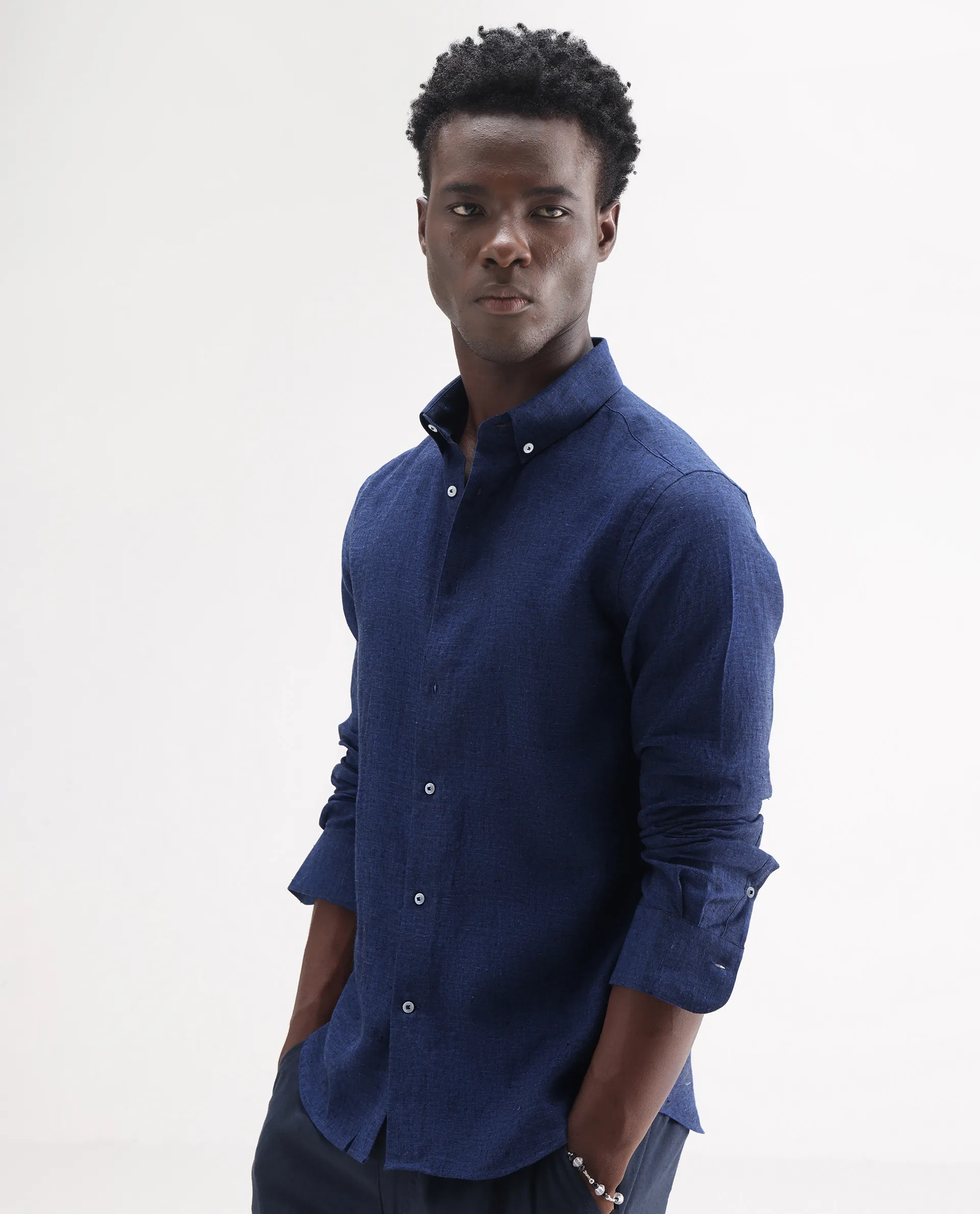 Rare Rabbit Men's Lucis Dark Blue 100% Linen Plain Regular Fit Full Sleeve Collared Shirt - Image 7