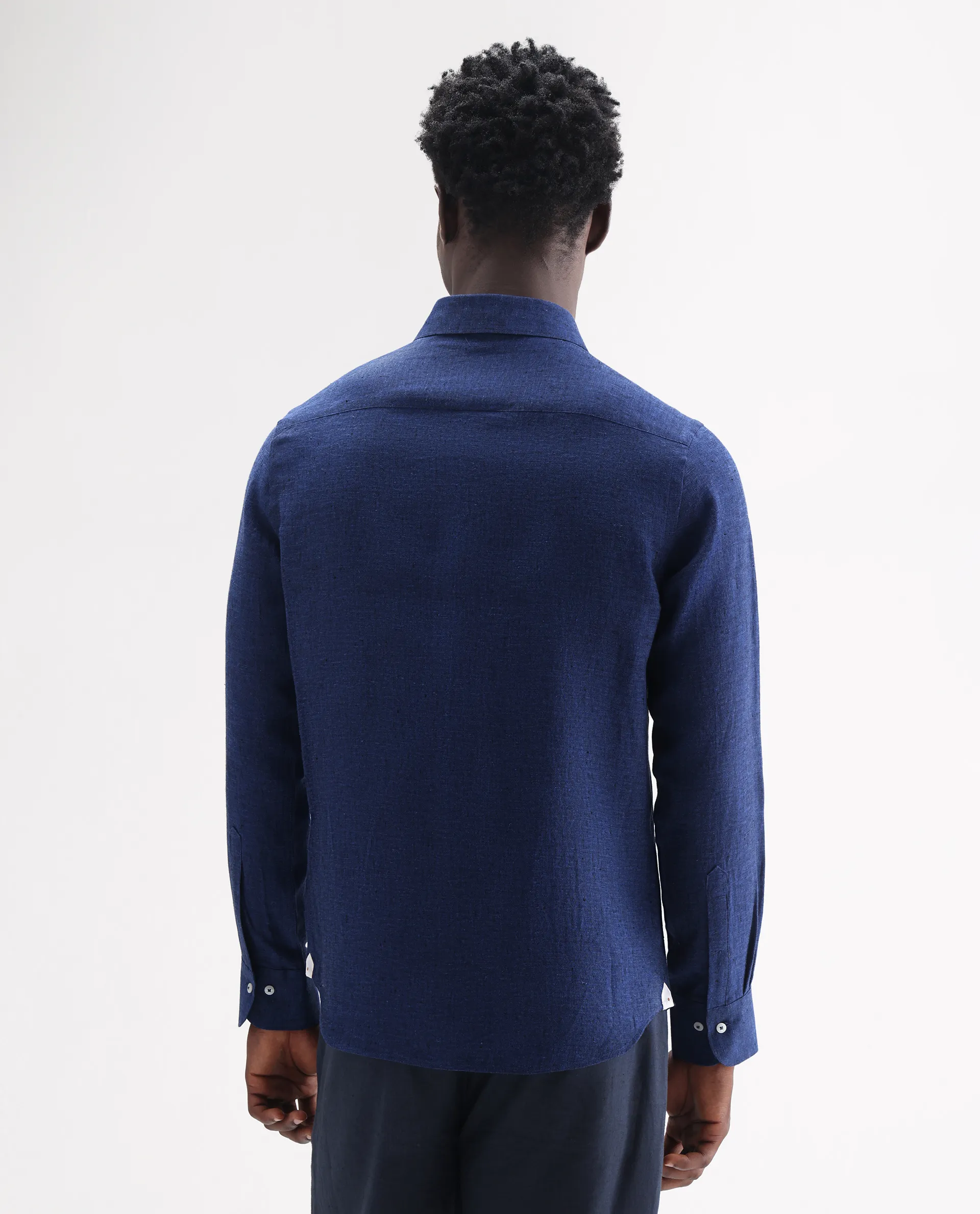 Rare Rabbit Men's Lucis Dark Blue 100% Linen Plain Regular Fit Full Sleeve Collared Shirt - Image 8