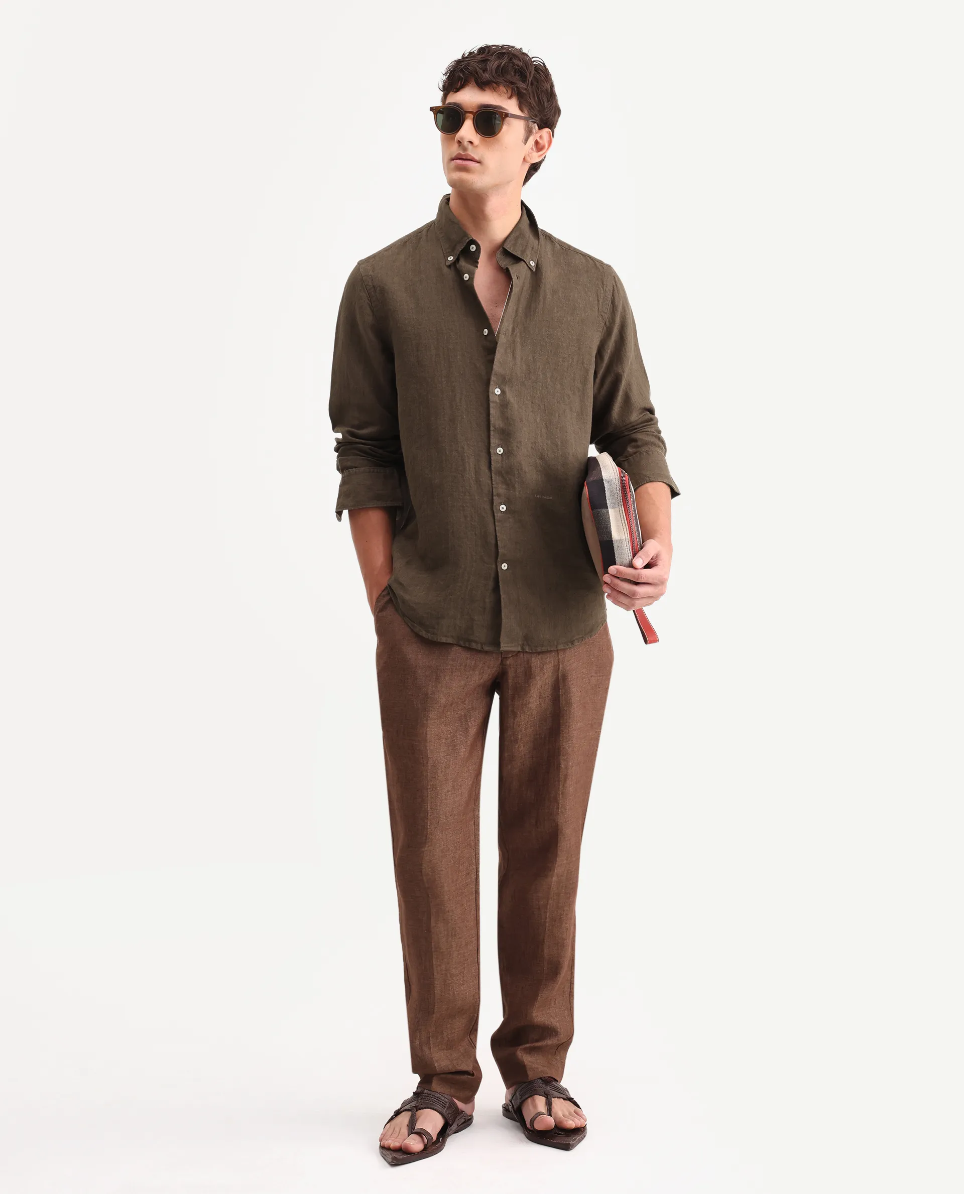 Rare Rabbit Men's Lucis Dark Brown 100% Linen Plain Regular Fit Full Sleeve Collared Shirt - Image 2