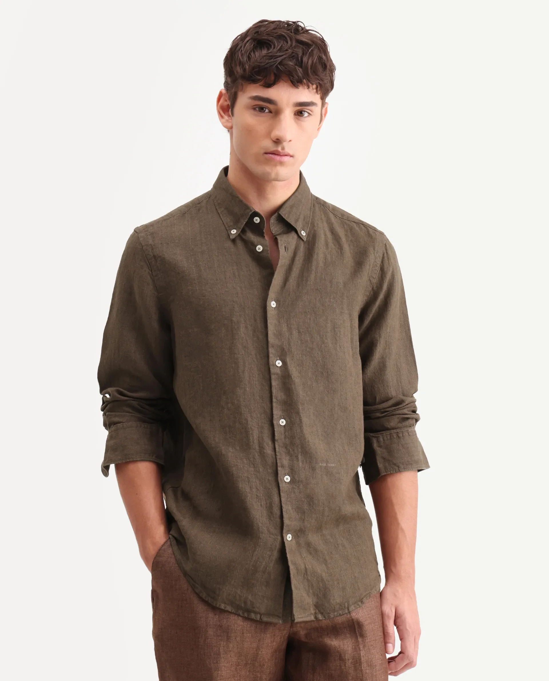 Rare Rabbit Men's Lucis Dark Brown 100% Linen Plain Regular Fit Full Sleeve Collared Shirt - Image 4