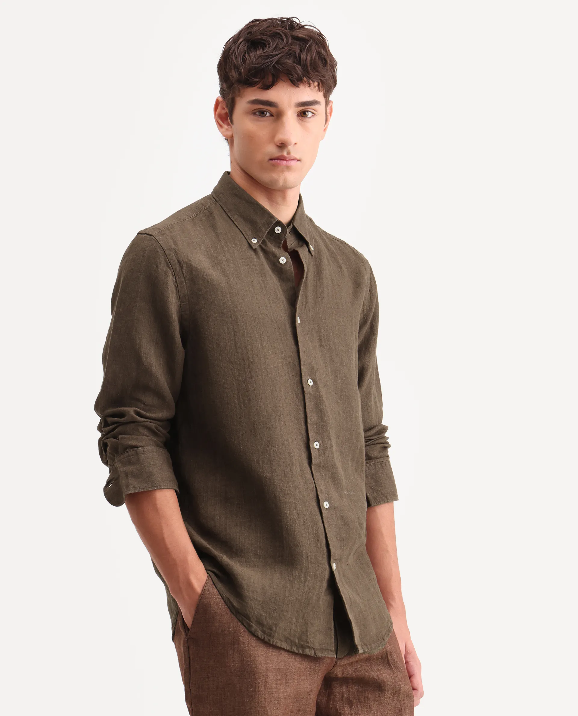 Rare Rabbit Men's Lucis Dark Brown 100% Linen Plain Regular Fit Full Sleeve Collared Shirt - Image 5