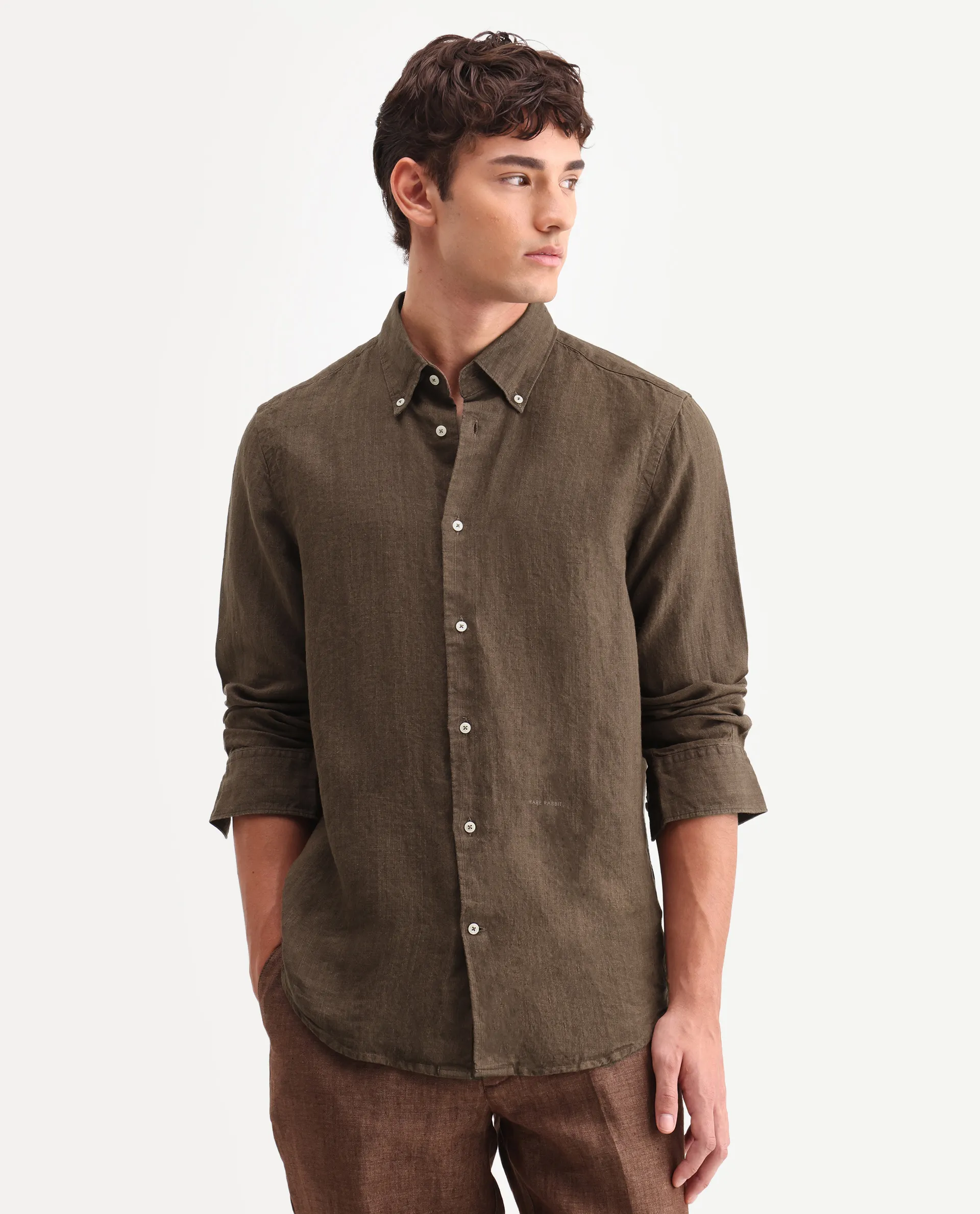 Rare Rabbit Men's Lucis Dark Brown 100% Linen Plain Regular Fit Full Sleeve Collared Shirt - Image 6