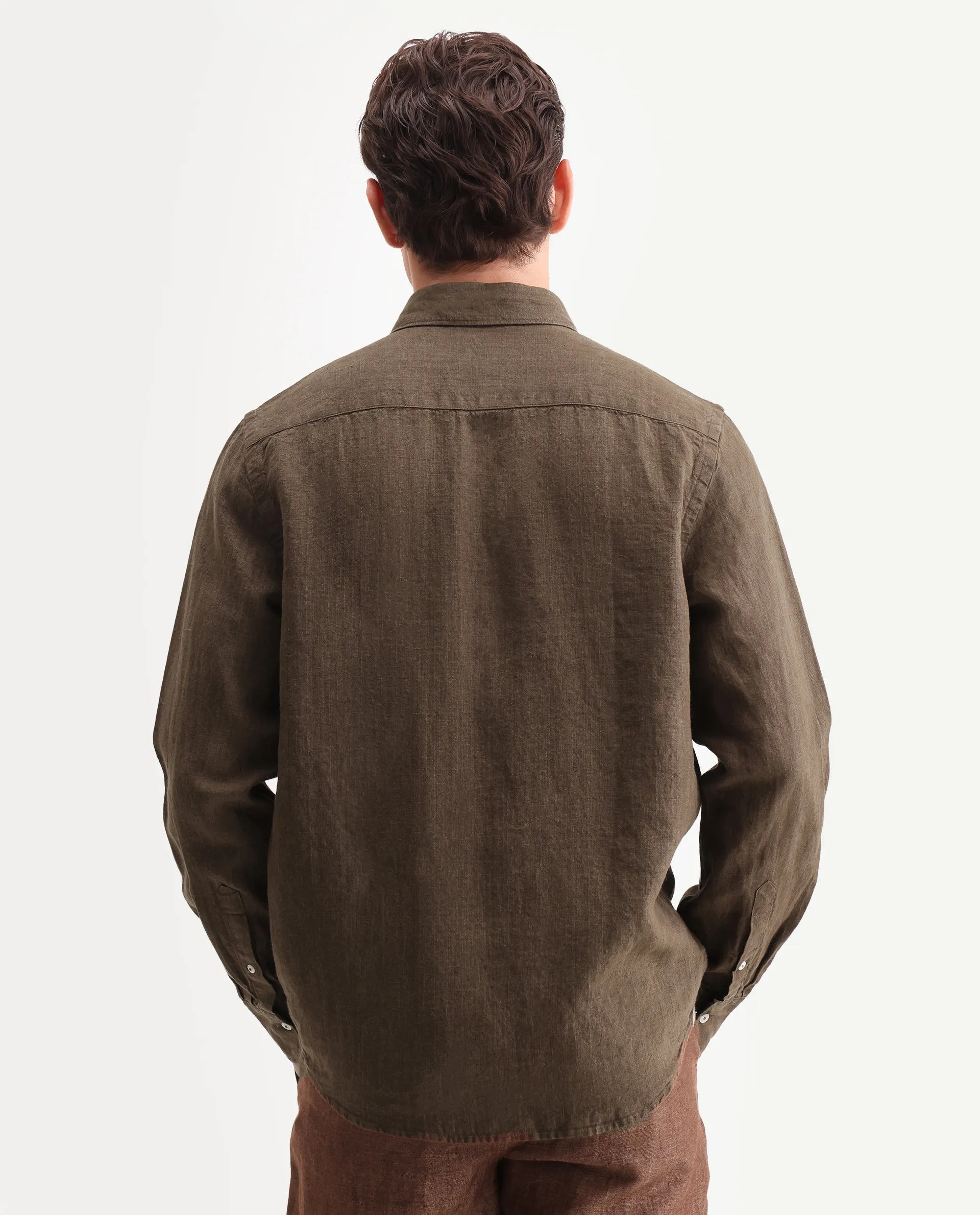 Rare Rabbit Men's Lucis Dark Brown 100% Linen Plain Regular Fit Full Sleeve Collared Shirt - Image 7
