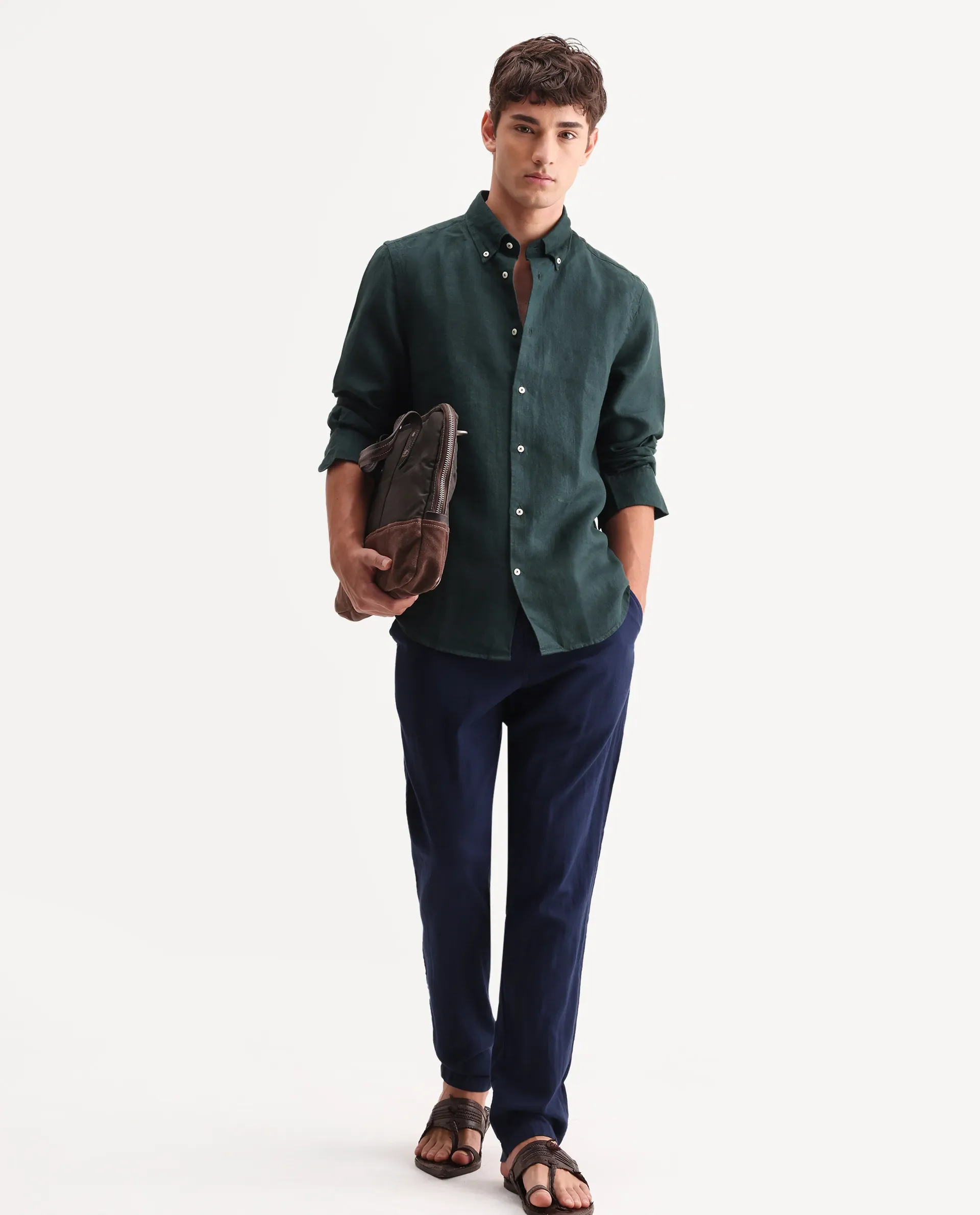 Rare Rabbit Men's Lucis Dark Green 100% Linen Plain Regular Fit Full Sleeve Collared Shirt - Image 2