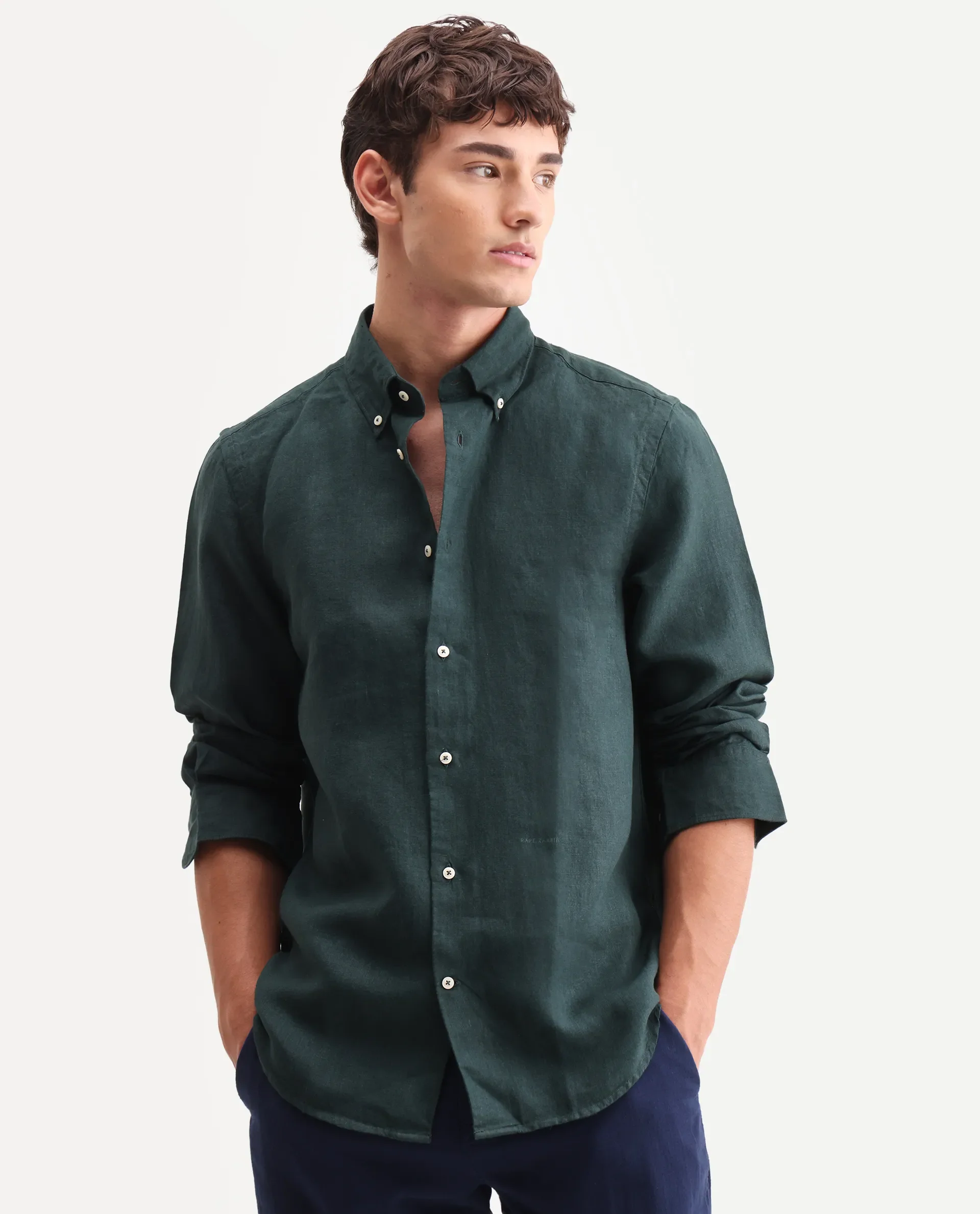 Rare Rabbit Men's Lucis Dark Green 100% Linen Plain Regular Fit Full Sleeve Collared Shirt - Image 4