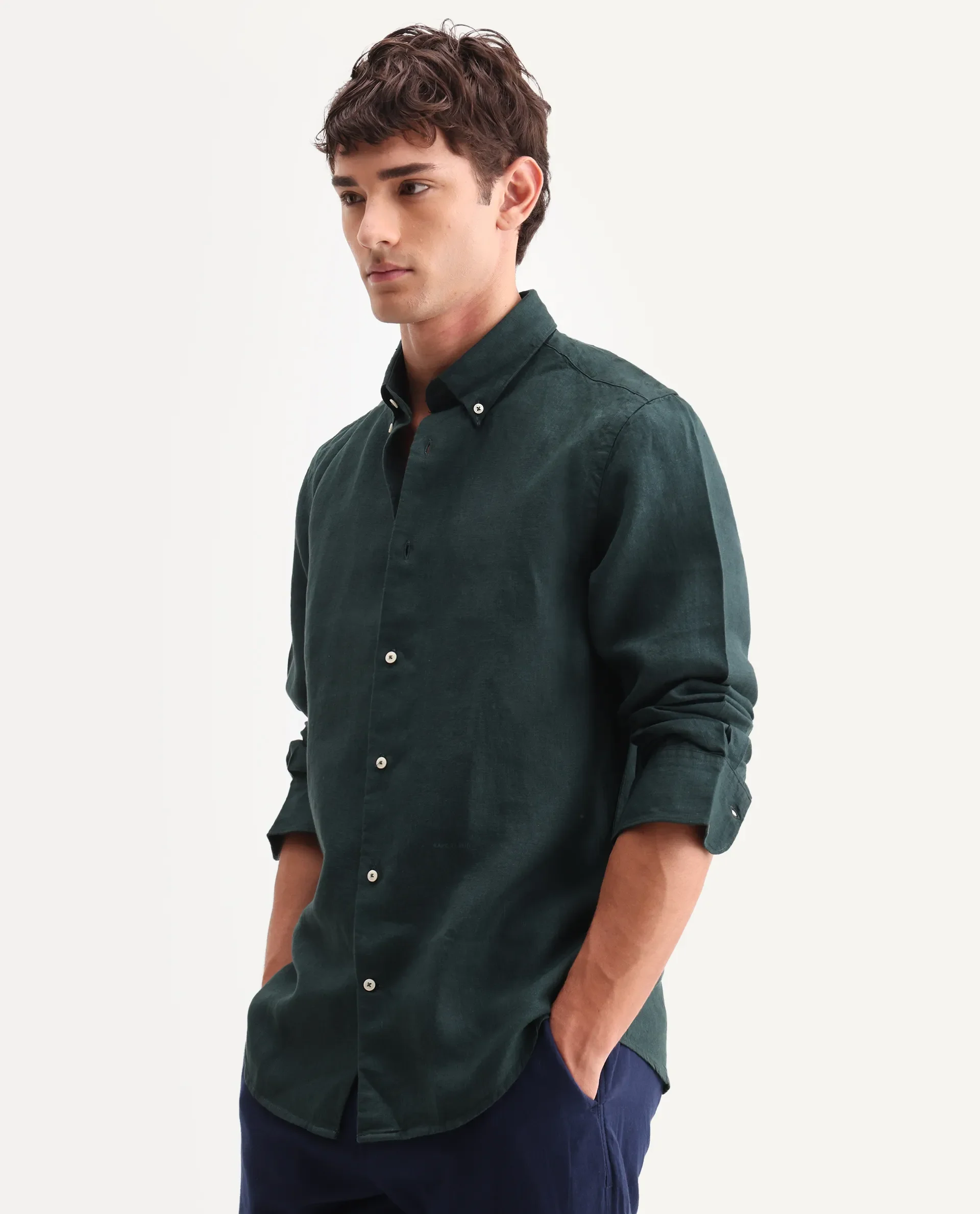 Rare Rabbit Men's Lucis Dark Green 100% Linen Plain Regular Fit Full Sleeve Collared Shirt - Image 5