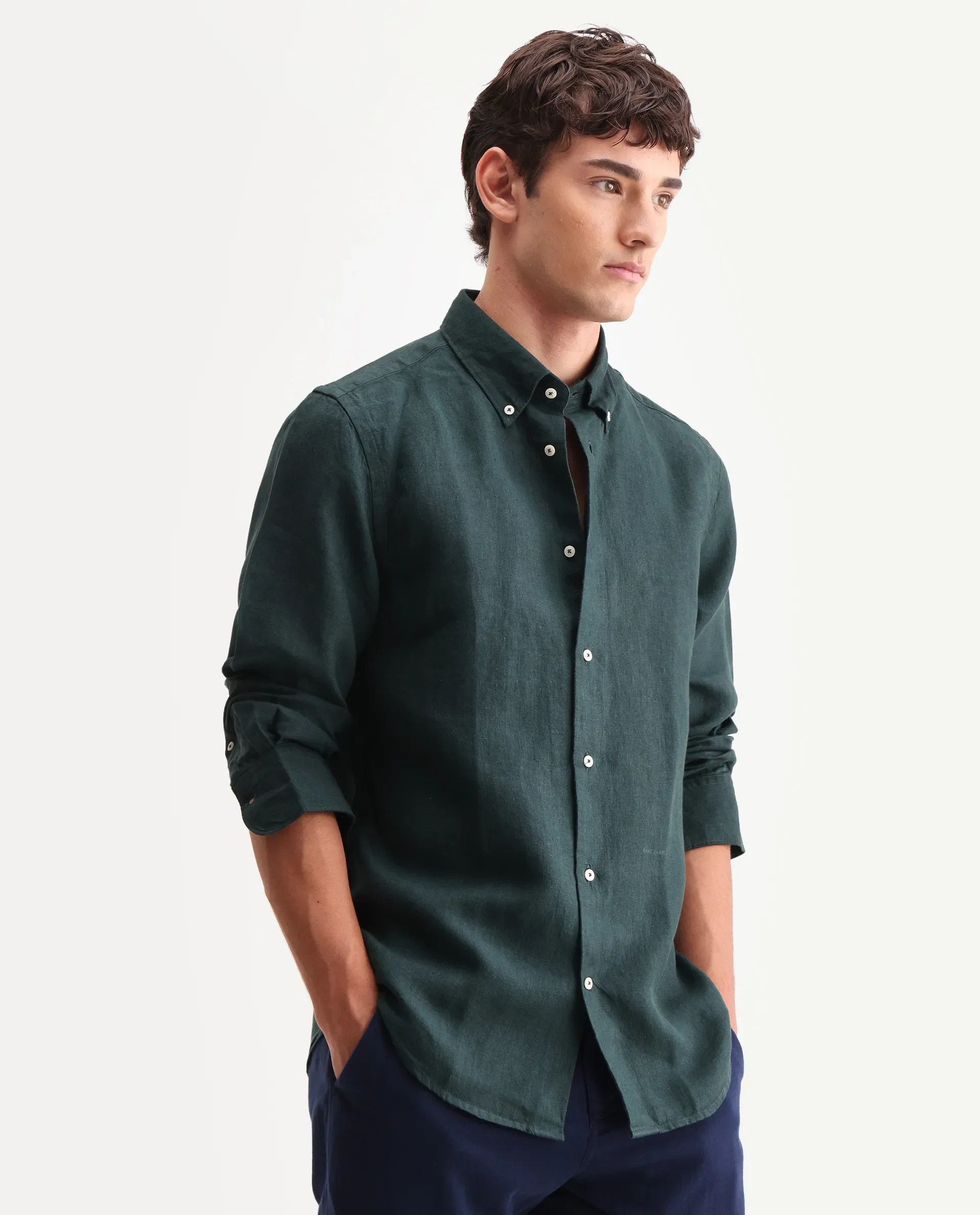 Rare Rabbit Men's Lucis Dark Green 100% Linen Plain Regular Fit Full Sleeve Collared Shirt - Image 6