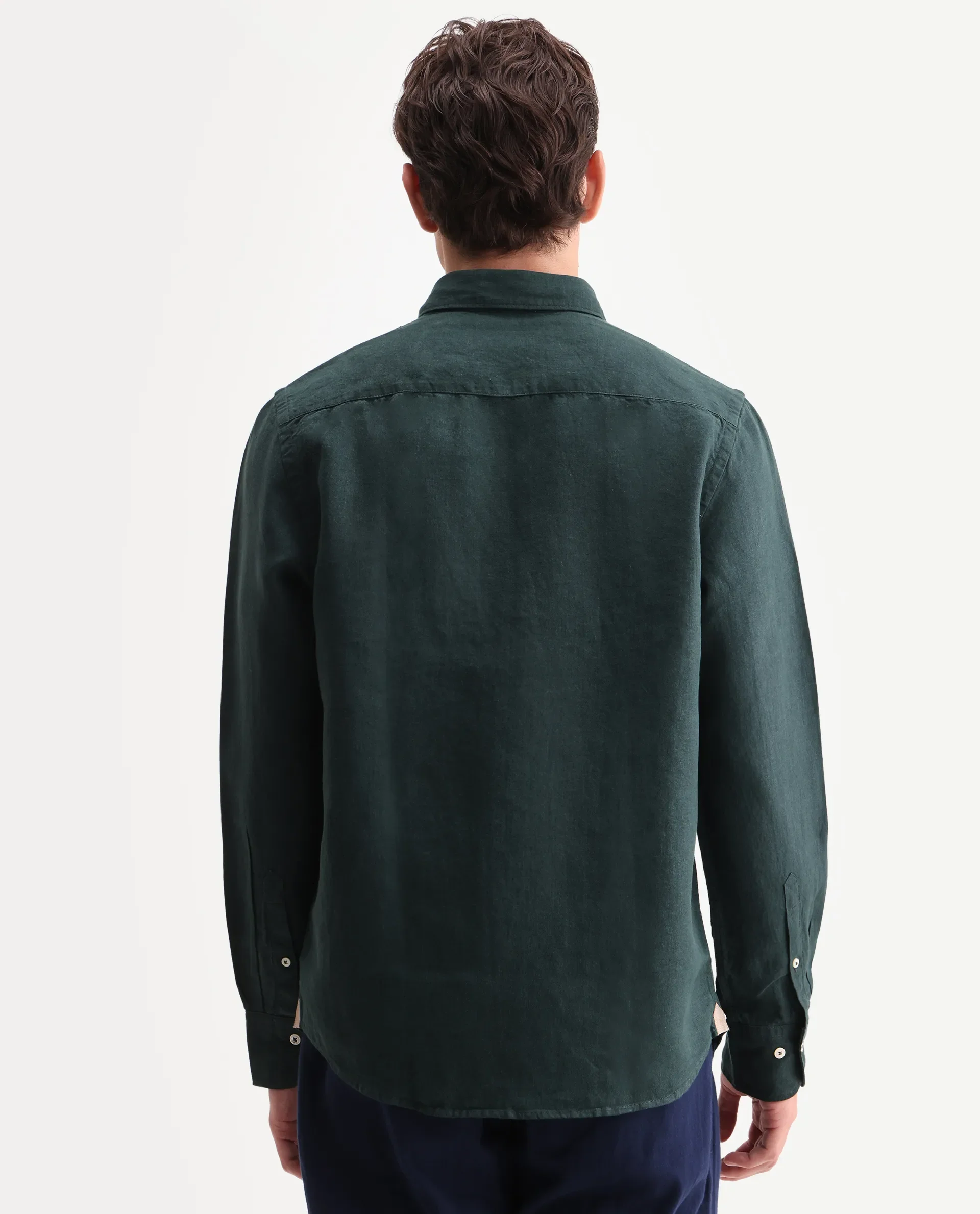 Rare Rabbit Men's Lucis Dark Green 100% Linen Plain Regular Fit Full Sleeve Collared Shirt - Image 7