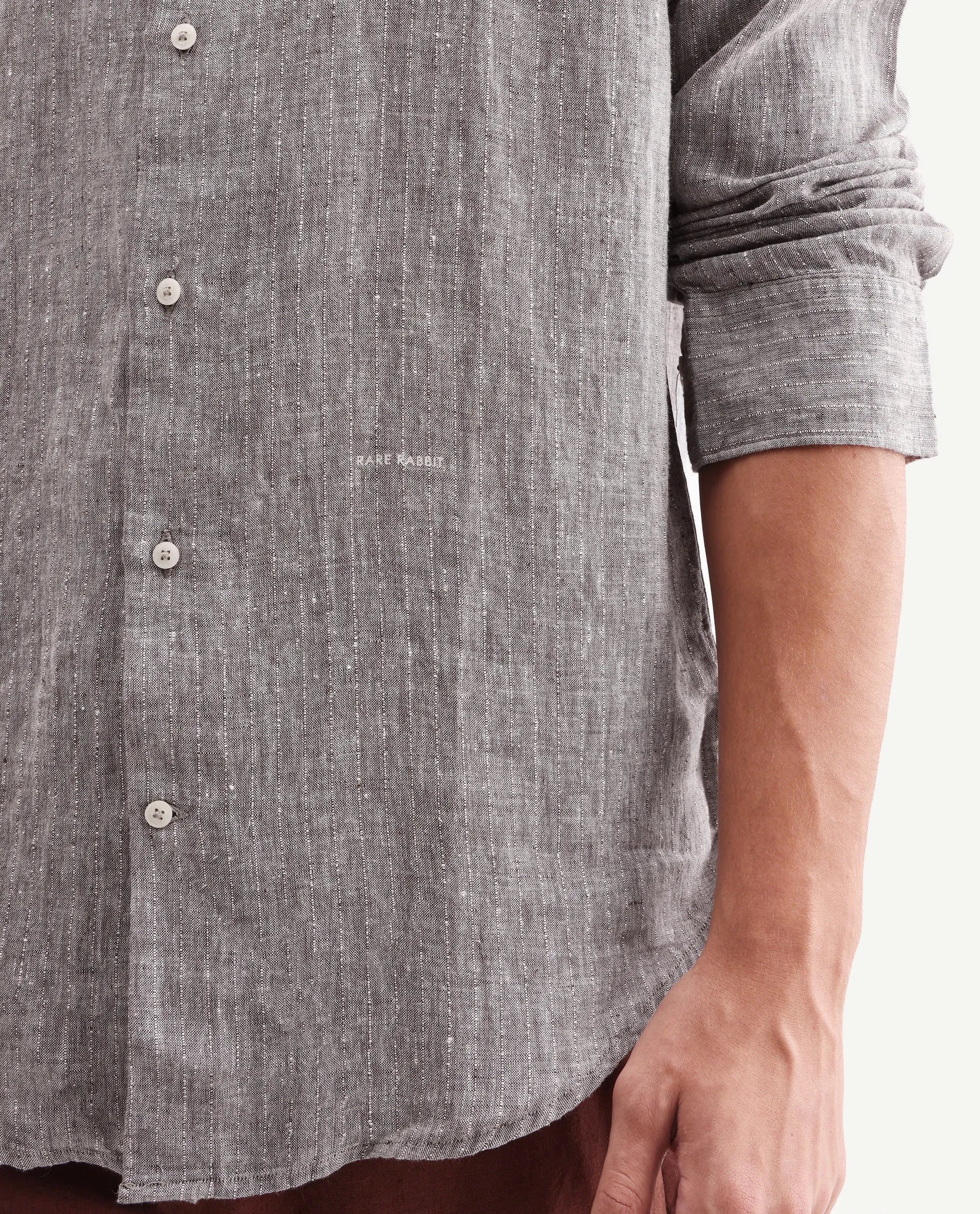 Rare Rabbit Men's Lucis Dark Khaki 100% Linen Plain Regular Fit Full Sleeve Collared Shirt - Image 3