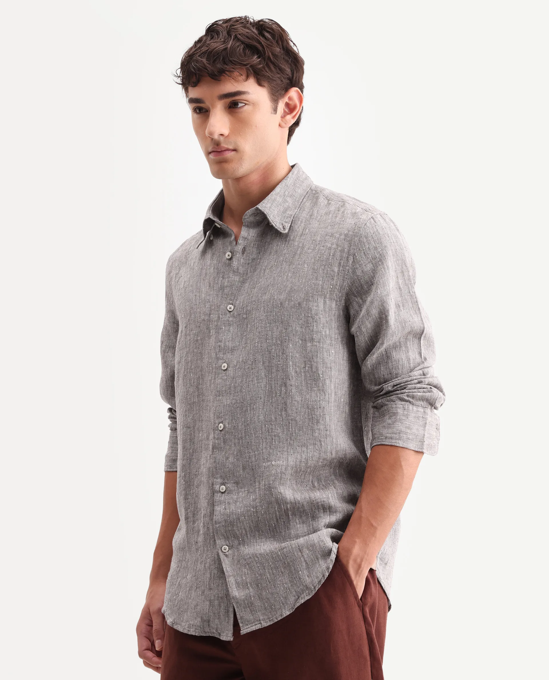 Rare Rabbit Men's Lucis Dark Khaki 100% Linen Plain Regular Fit Full Sleeve Collared Shirt - Image 4