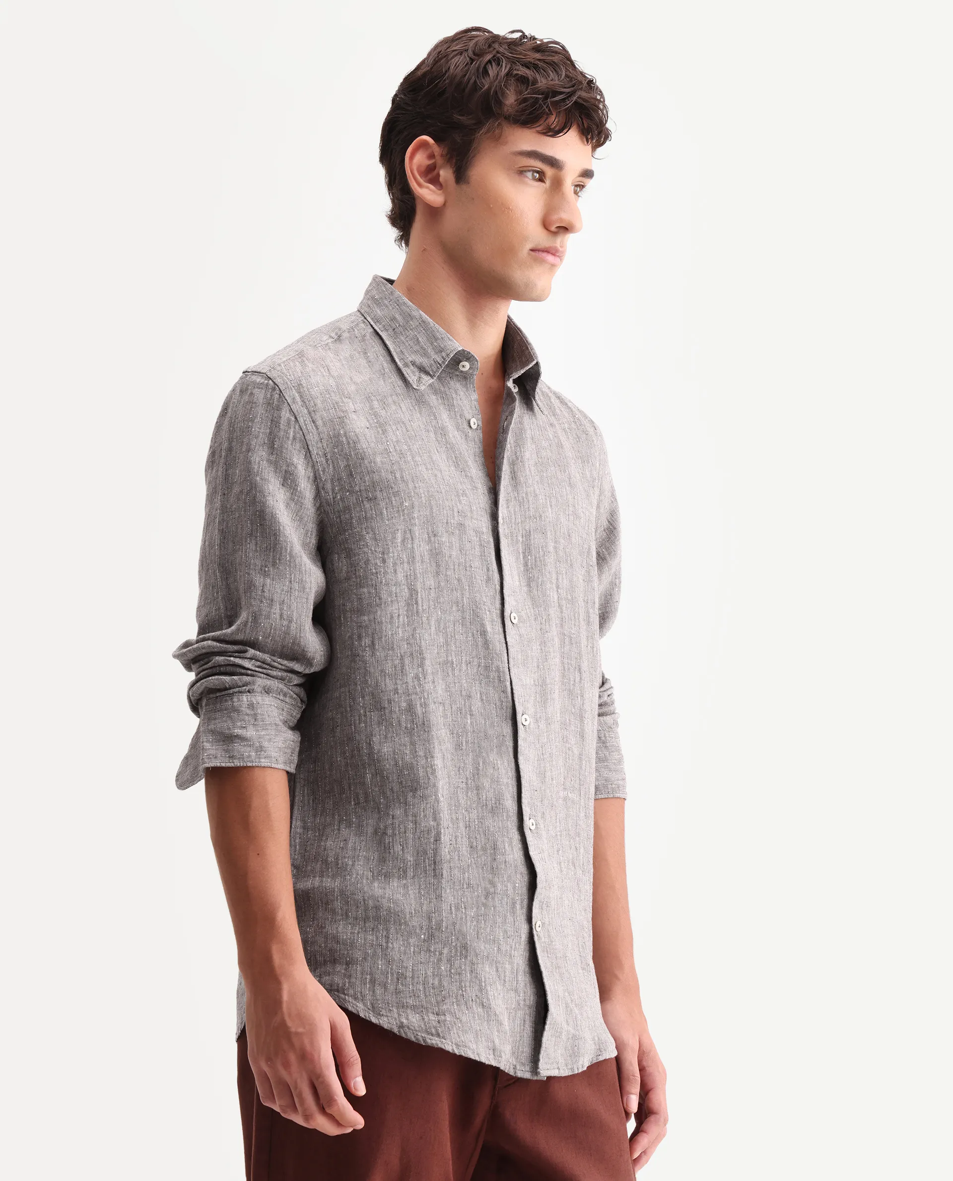 Rare Rabbit Men's Lucis Dark Khaki 100% Linen Plain Regular Fit Full Sleeve Collared Shirt - Image 5
