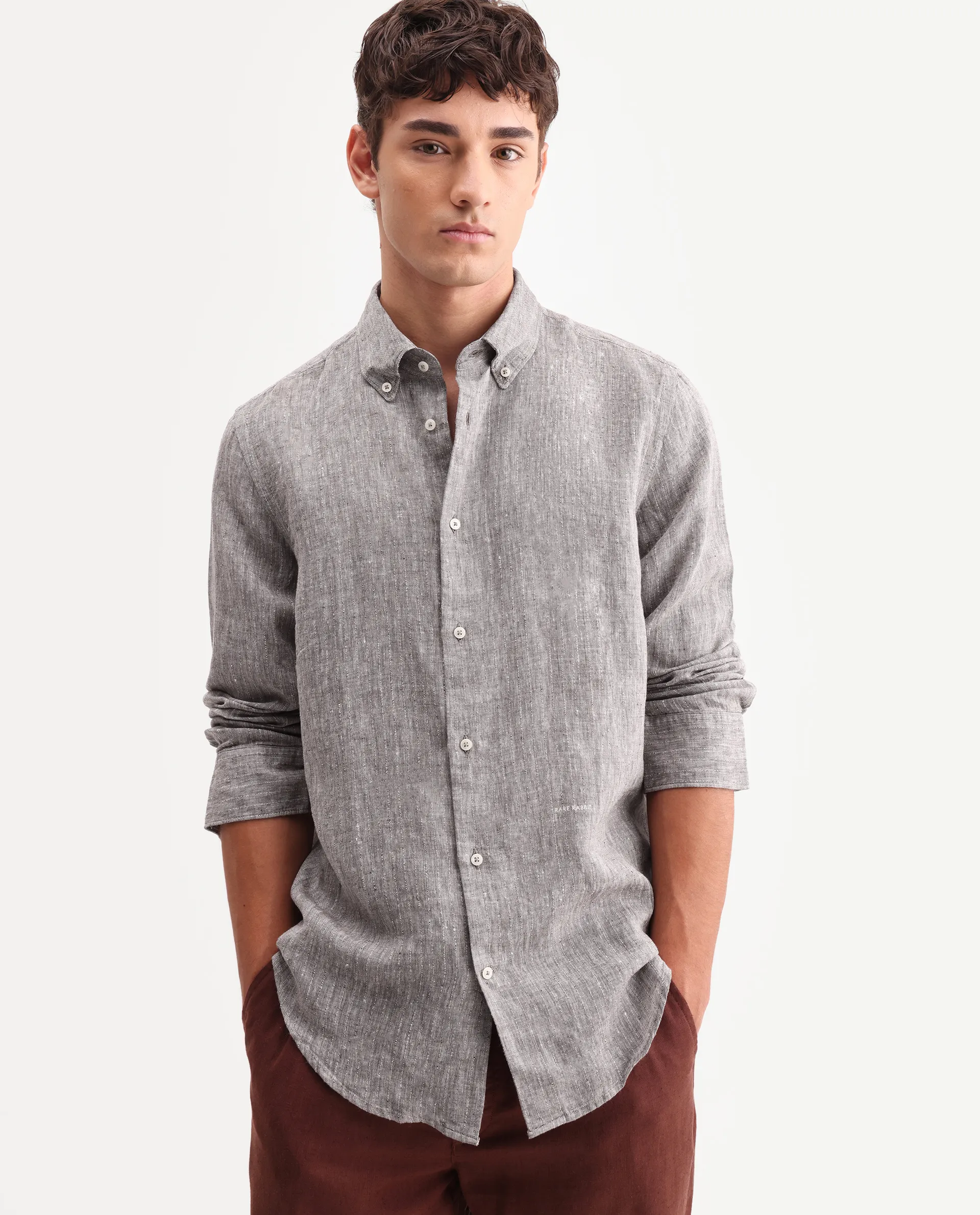 Rare Rabbit Men's Lucis Dark Khaki 100% Linen Plain Regular Fit Full Sleeve Collared Shirt - Image 6