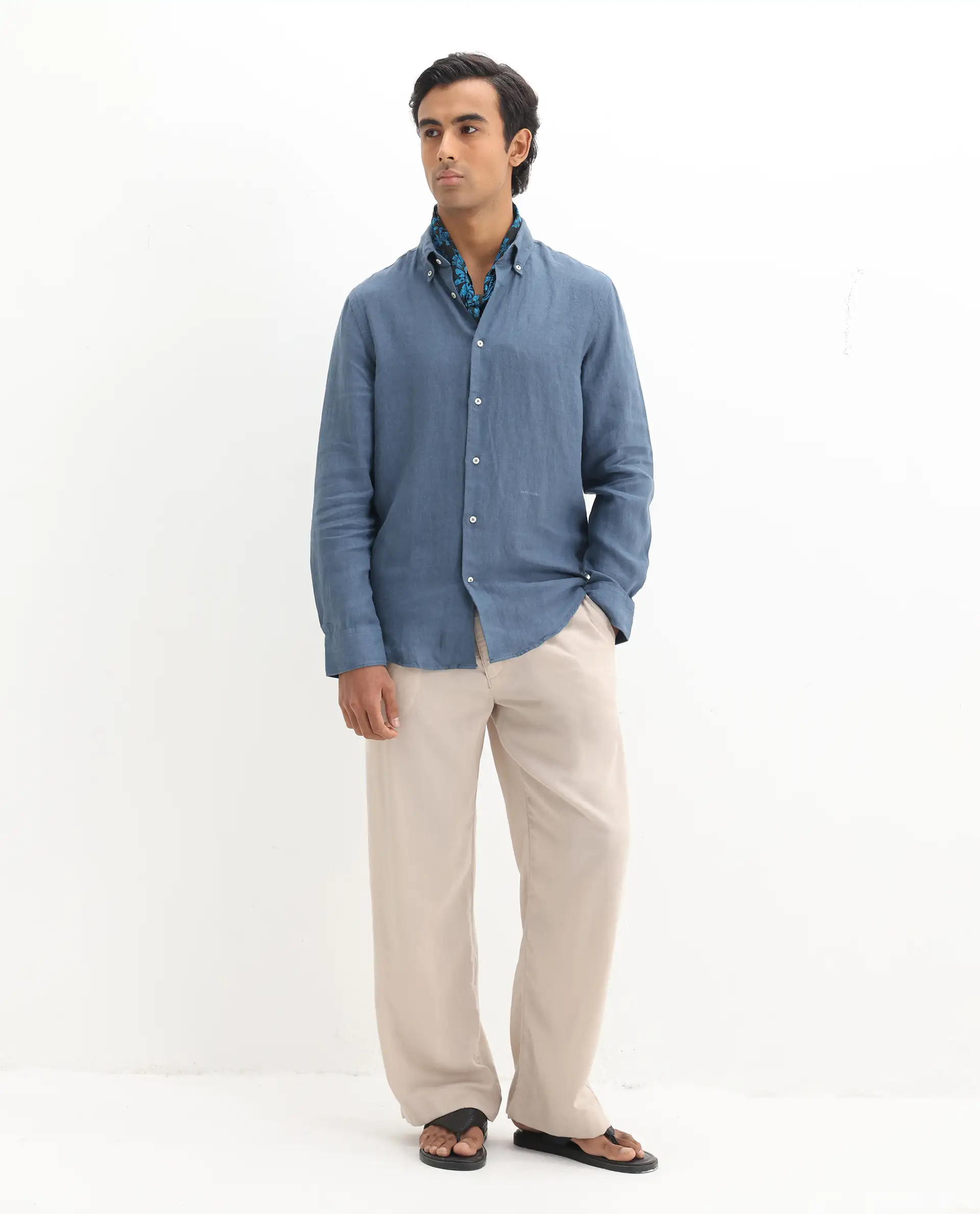 Rare Rabbit Men's Lucis Dusky Blue 100% Linen Plain Regular Fit Full Sleeve Collared Shirt - Image 2