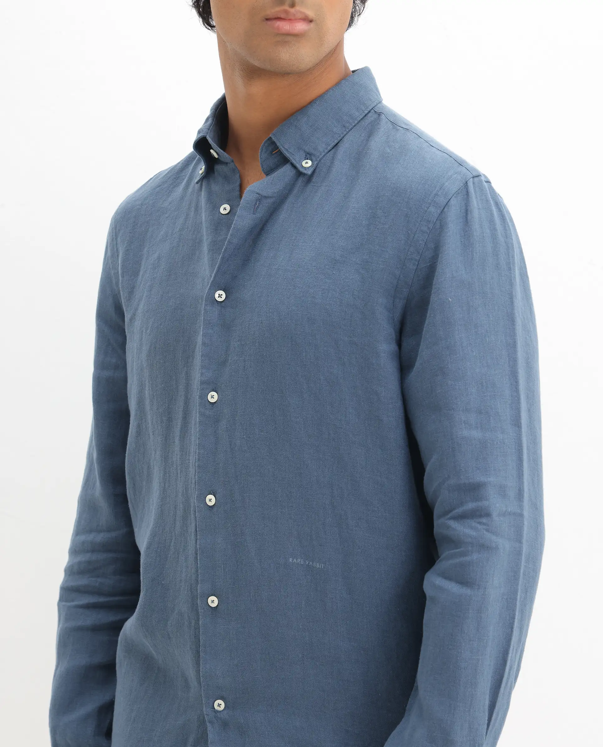 Rare Rabbit Men's Lucis Dusky Blue 100% Linen Plain Regular Fit Full Sleeve Collared Shirt - Image 3