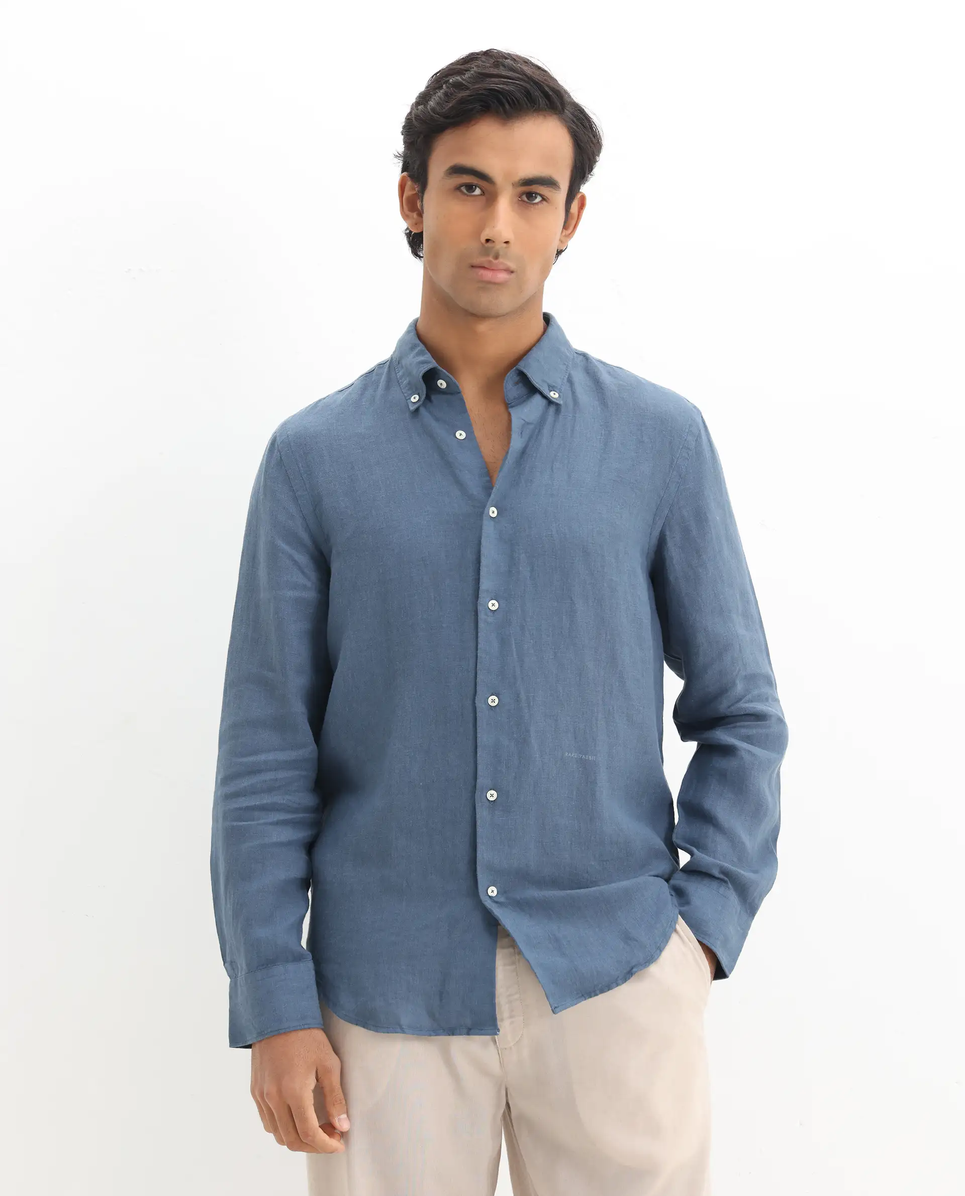 Rare Rabbit Men's Lucis Dusky Blue 100% Linen Plain Regular Fit Full Sleeve Collared Shirt - Image 4