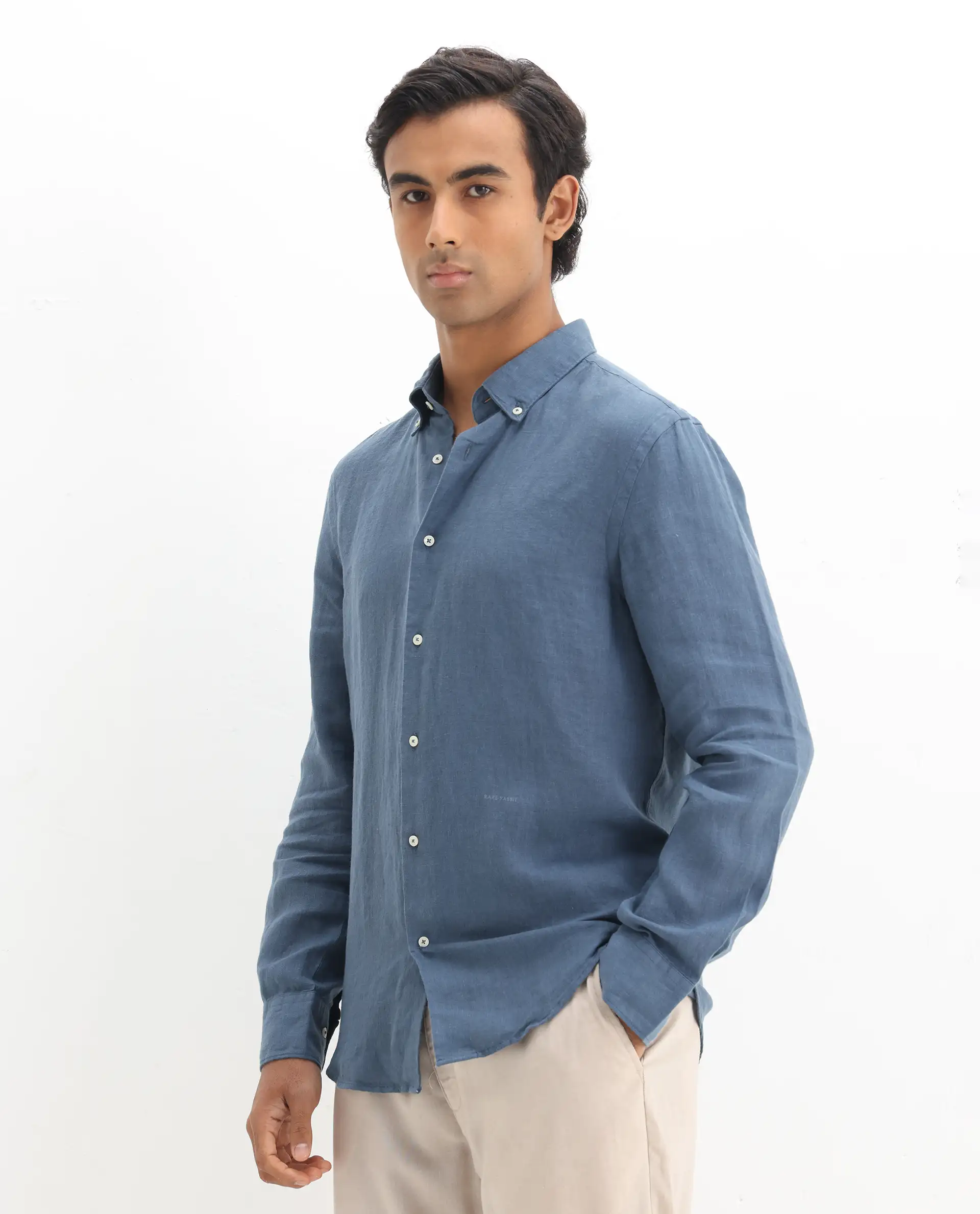 Rare Rabbit Men's Lucis Dusky Blue 100% Linen Plain Regular Fit Full Sleeve Collared Shirt - Image 5