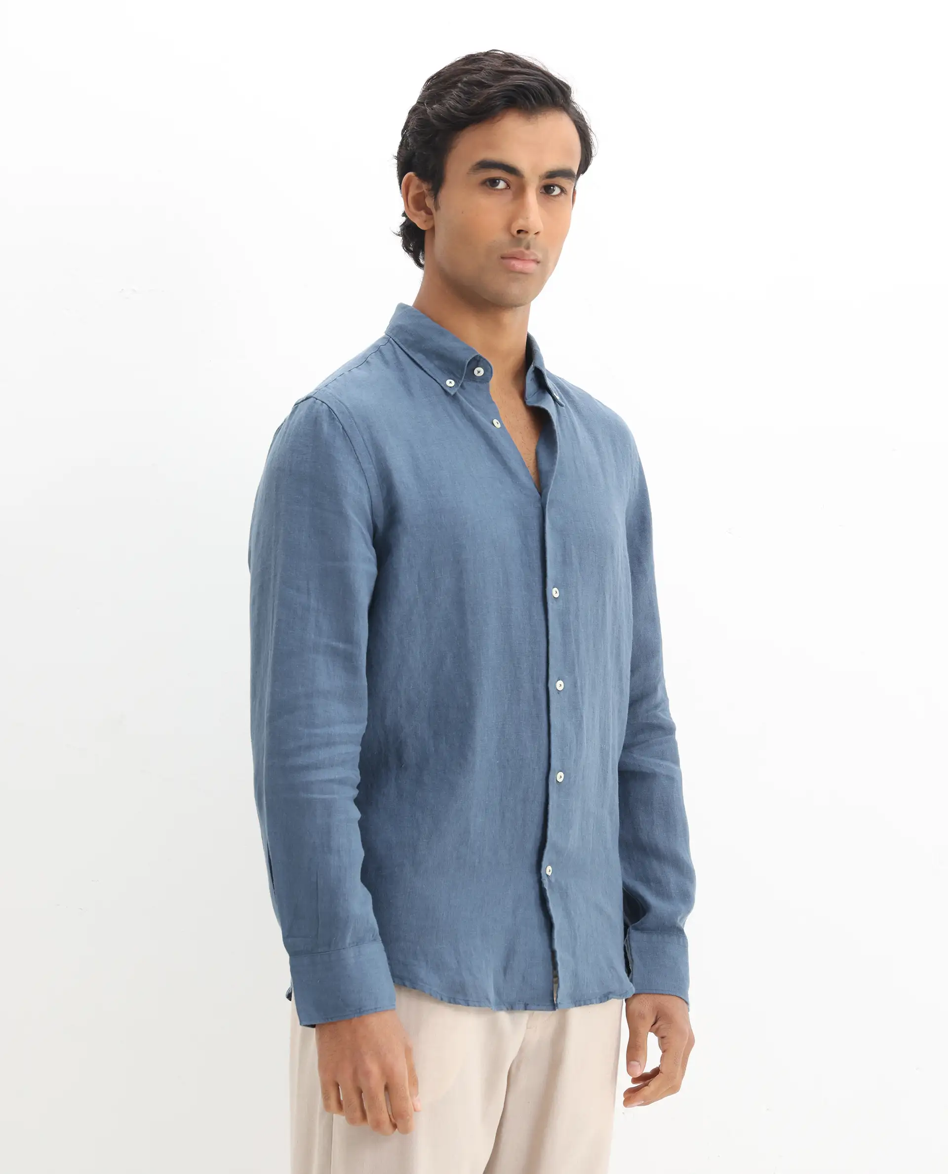 Rare Rabbit Men's Lucis Dusky Blue 100% Linen Plain Regular Fit Full Sleeve Collared Shirt - Image 6