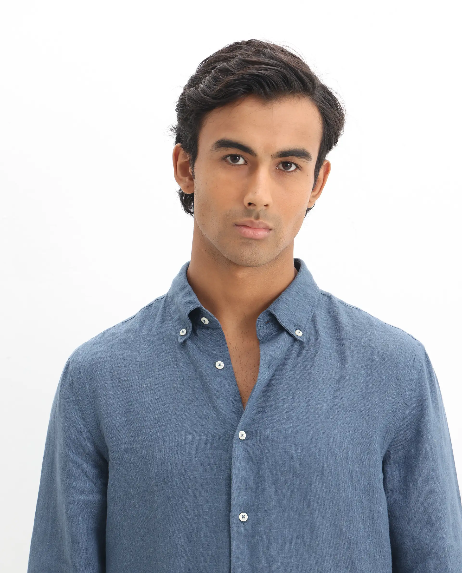 Rare Rabbit Men's Lucis Dusky Blue 100% Linen Plain Regular Fit Full Sleeve Collared Shirt - Image 7