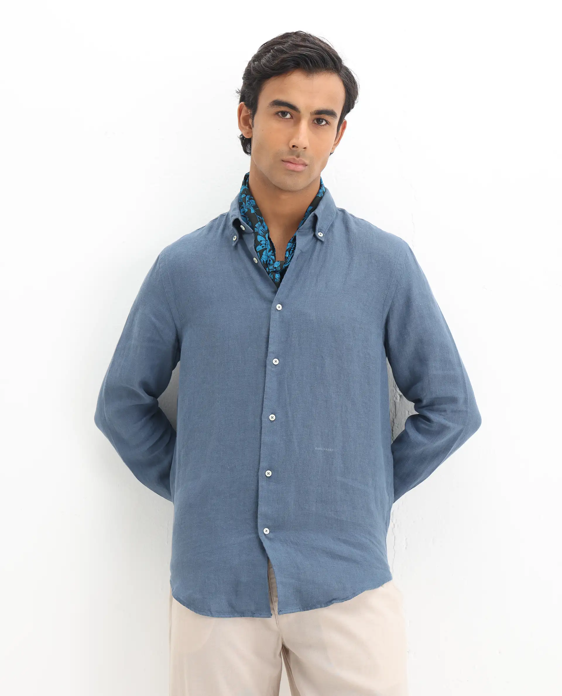 Rare Rabbit Men's Lucis Dusky Blue 100% Linen Plain Regular Fit Full Sleeve Collared Shirt - Image 8