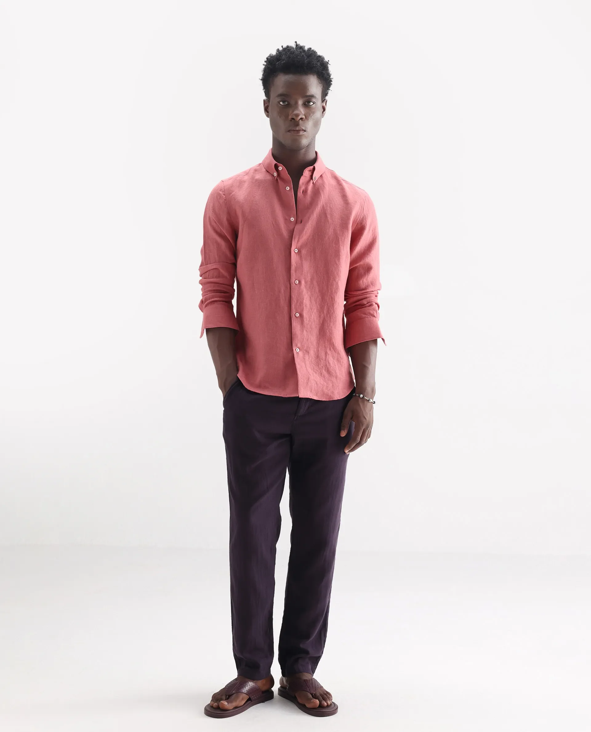 Rare Rabbit Men's Lucis Dusky Pink 100% Linen Plain Regular Fit Full Sleeve Collared Shirt - Image 2