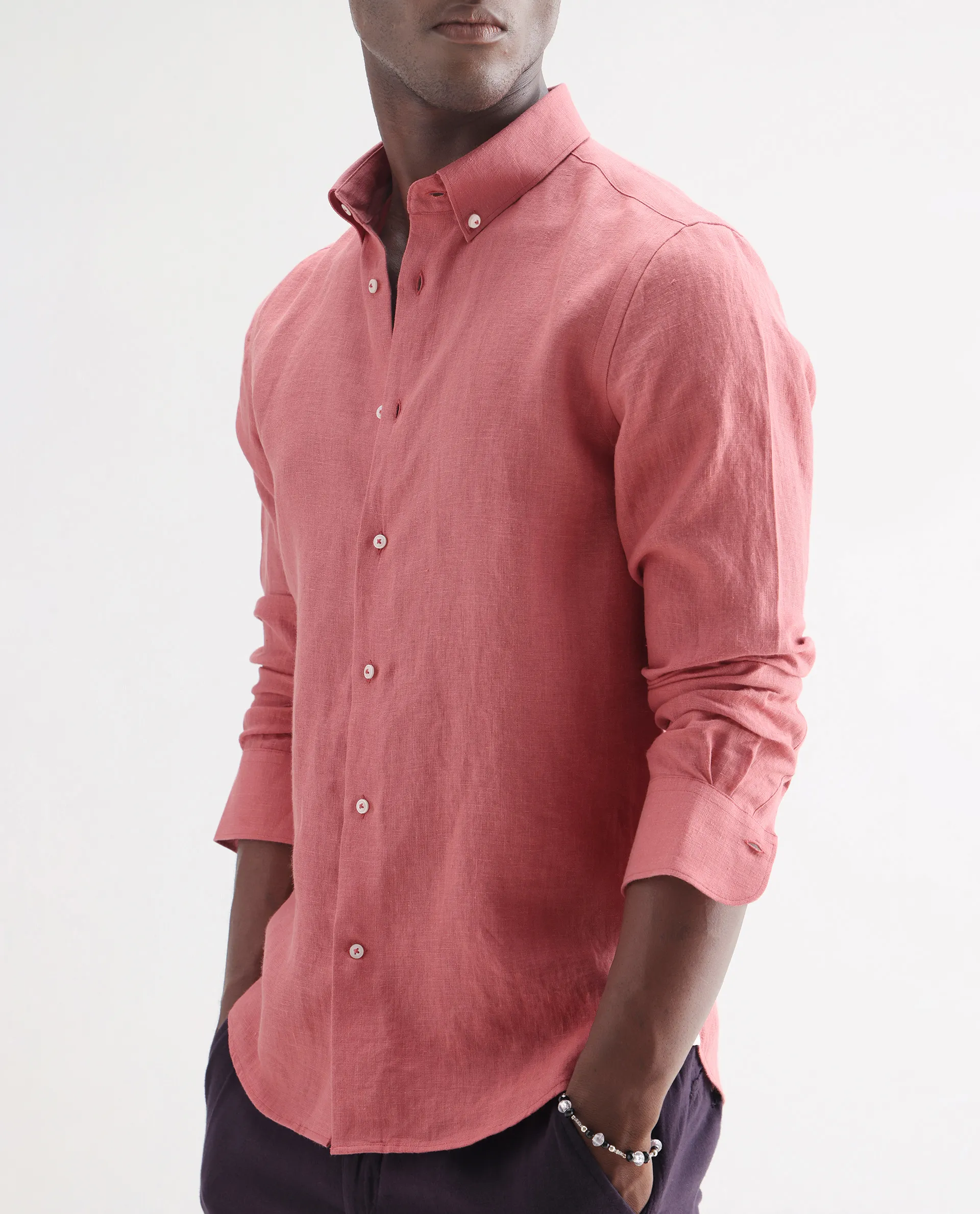 Rare Rabbit Men's Lucis Dusky Pink 100% Linen Plain Regular Fit Full Sleeve Collared Shirt - Image 3
