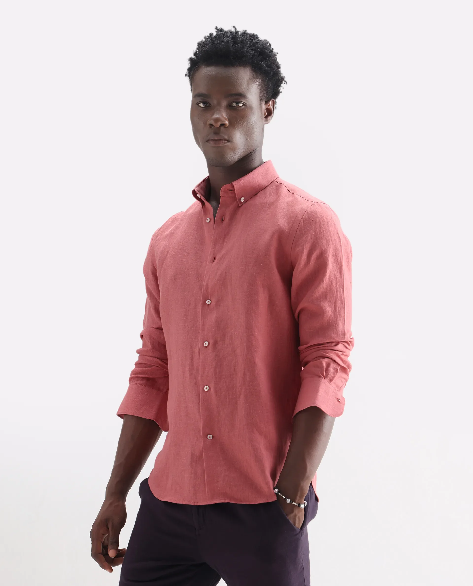Rare Rabbit Men's Lucis Dusky Pink 100% Linen Plain Regular Fit Full Sleeve Collared Shirt - Image 4