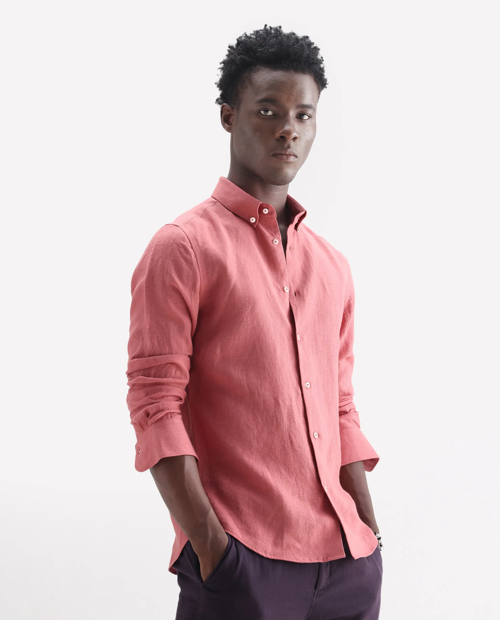Rare Rabbit Men's Lucis Dusky Pink 100% Linen Plain Regular Fit Full Sleeve Collared Shirt - Image 5