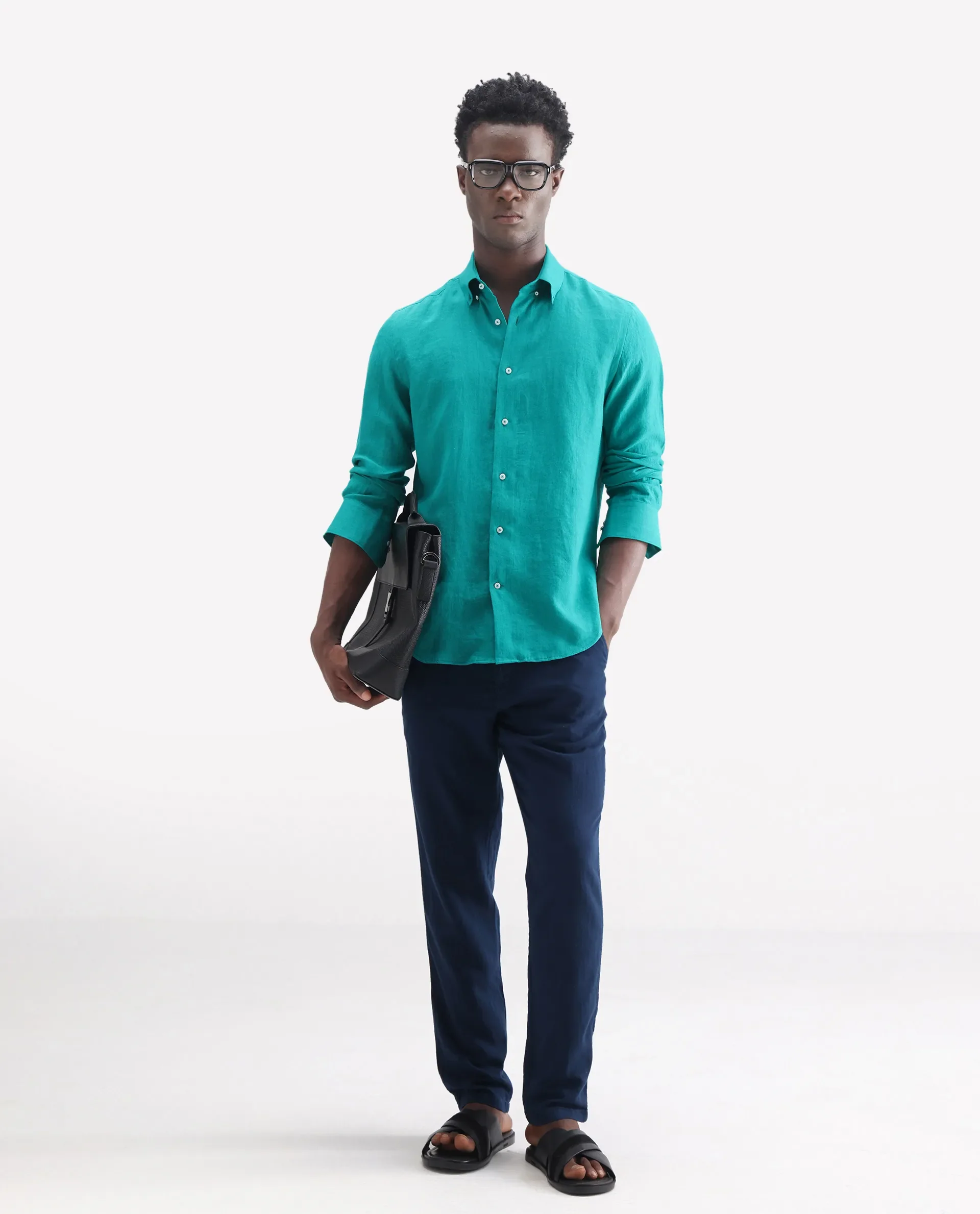Rare Rabbit Men's Lucis Flouroscent Green 100% Linen Plain Regular Fit Full Sleeve Collared Shirt - Image 2