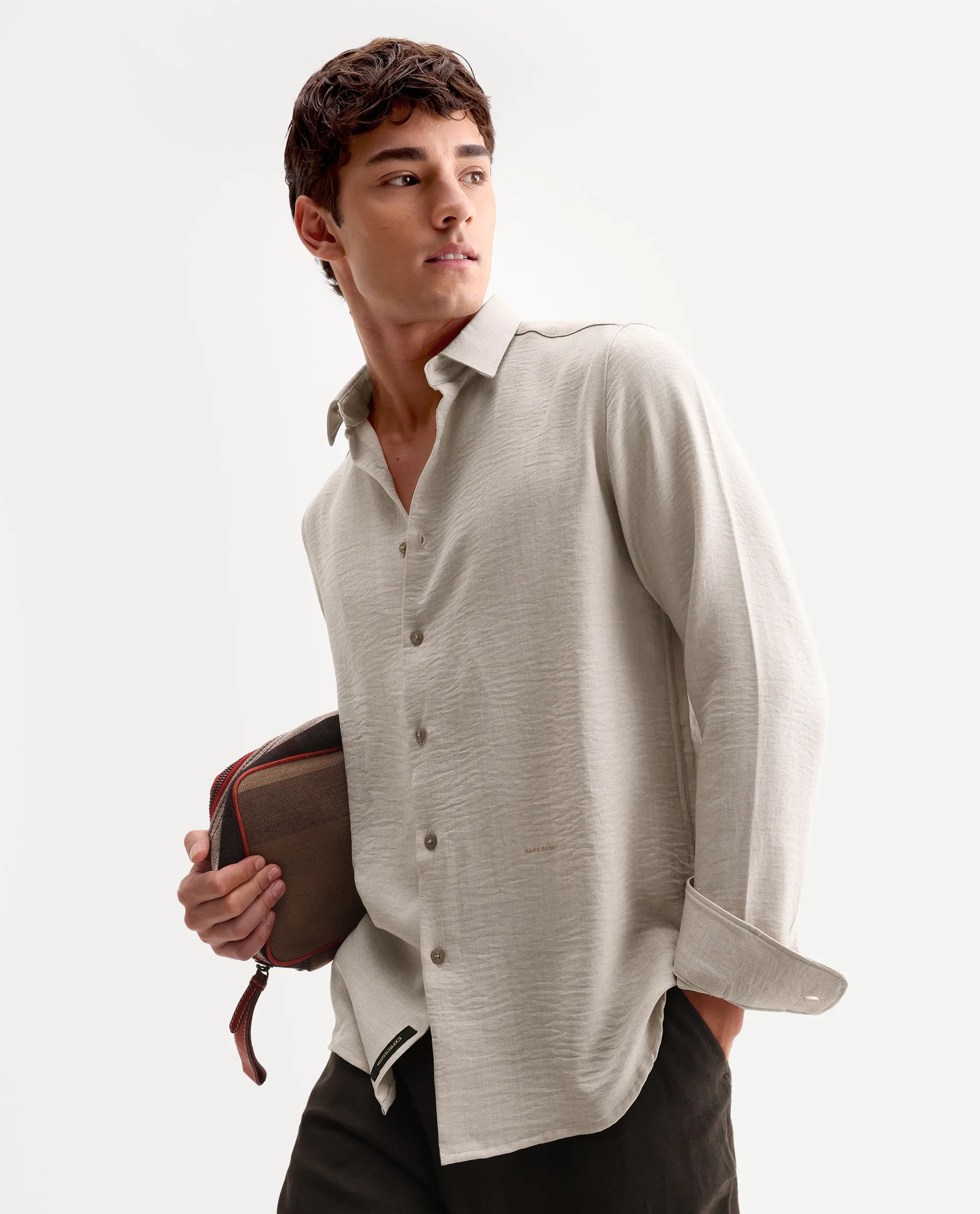 Rare Rabbit Men's Lucis Grey 100% Linen Plain Regular Fit Full Sleeve Collared Shirt