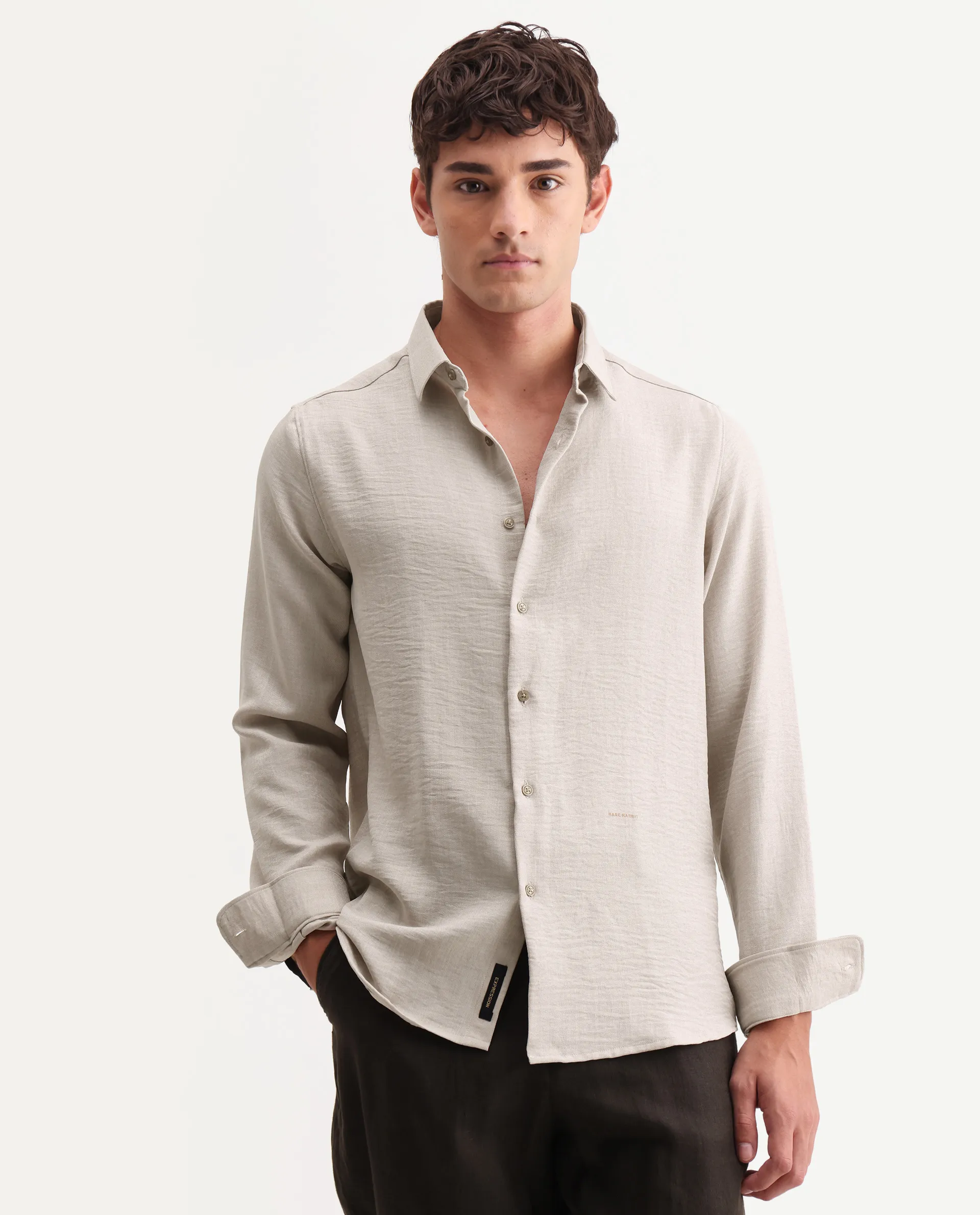 Rare Rabbit Men's Lucis Grey 100% Linen Plain Regular Fit Full Sleeve Collared Shirt - Image 4