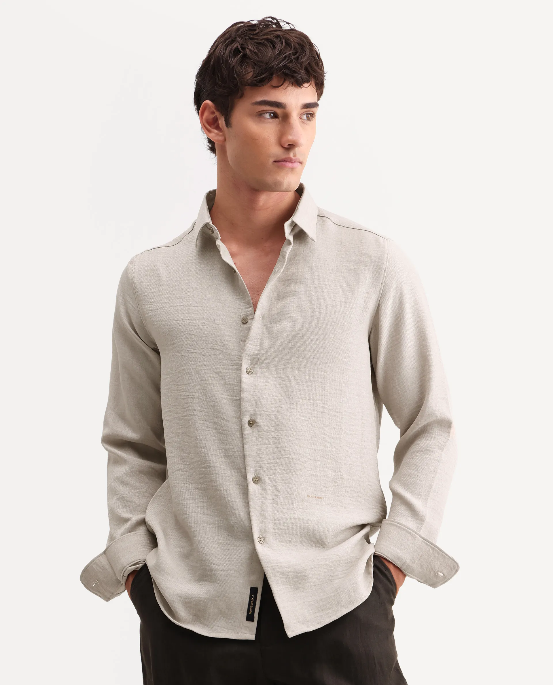 Rare Rabbit Men's Lucis Grey 100% Linen Plain Regular Fit Full Sleeve Collared Shirt - Image 5