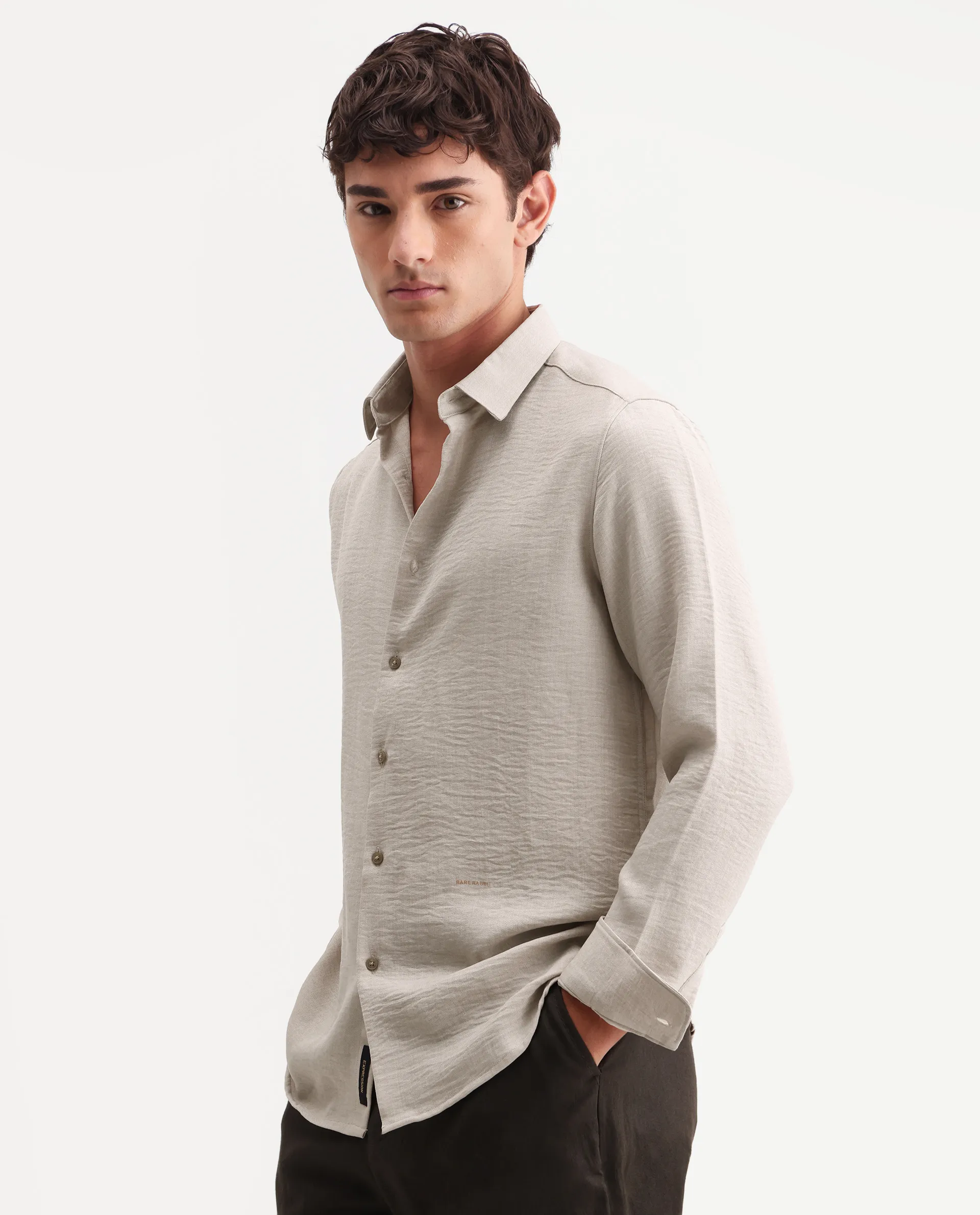 Rare Rabbit Men's Lucis Grey 100% Linen Plain Regular Fit Full Sleeve Collared Shirt - Image 7