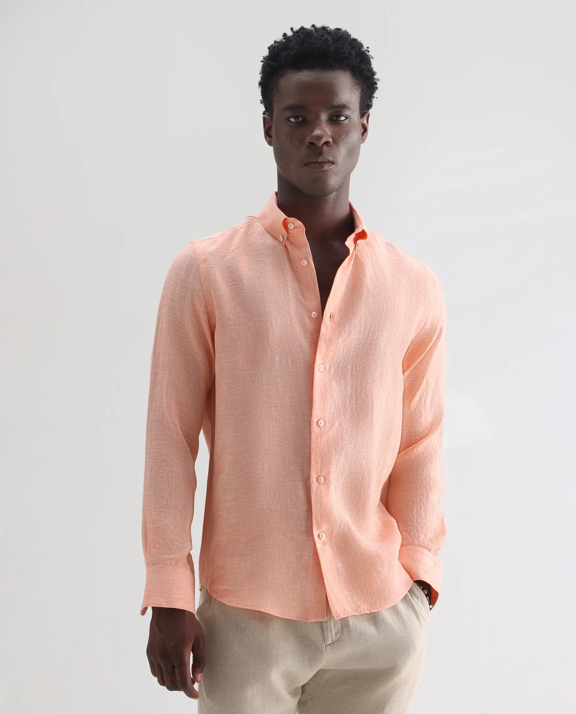 Rare Rabbit Men's Lucis Light Orange 100% Linen Plain Regular Fit Full Sleeve Collared Shirt