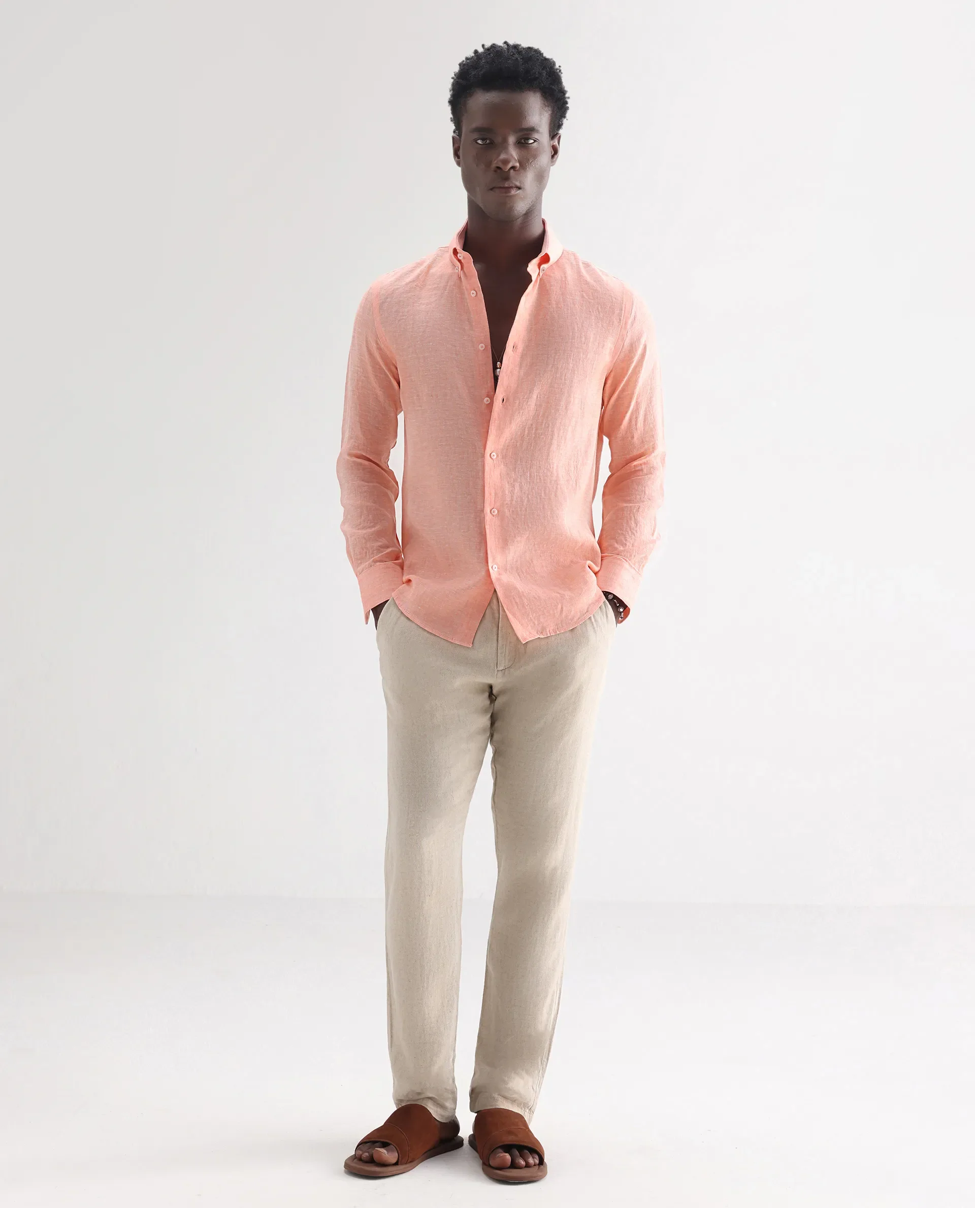 Rare Rabbit Men's Lucis Light Orange 100% Linen Plain Regular Fit Full Sleeve Collared Shirt - Image 2